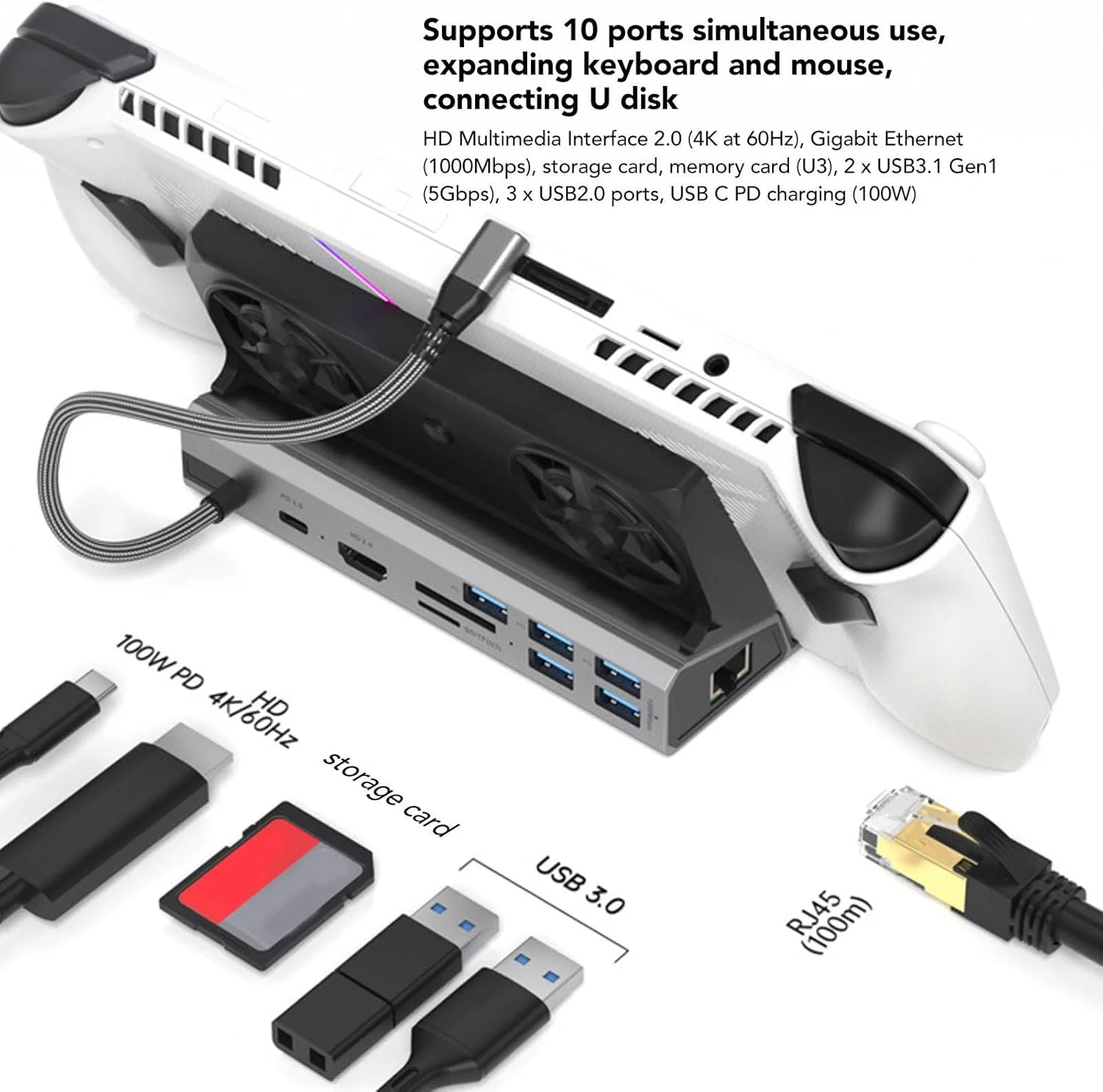 داک استیشن 10 در 1 Bewinner برای Steam Deck و ROG ALLY، داک استیشن لپ تاپ USB C با 5 پورت USB 3.0 2.0، فن خنک کننده دوگانه HD 4K با نرخ 60 هرتز، پورت شارژ 100 واتی برای Valve Steam Deck