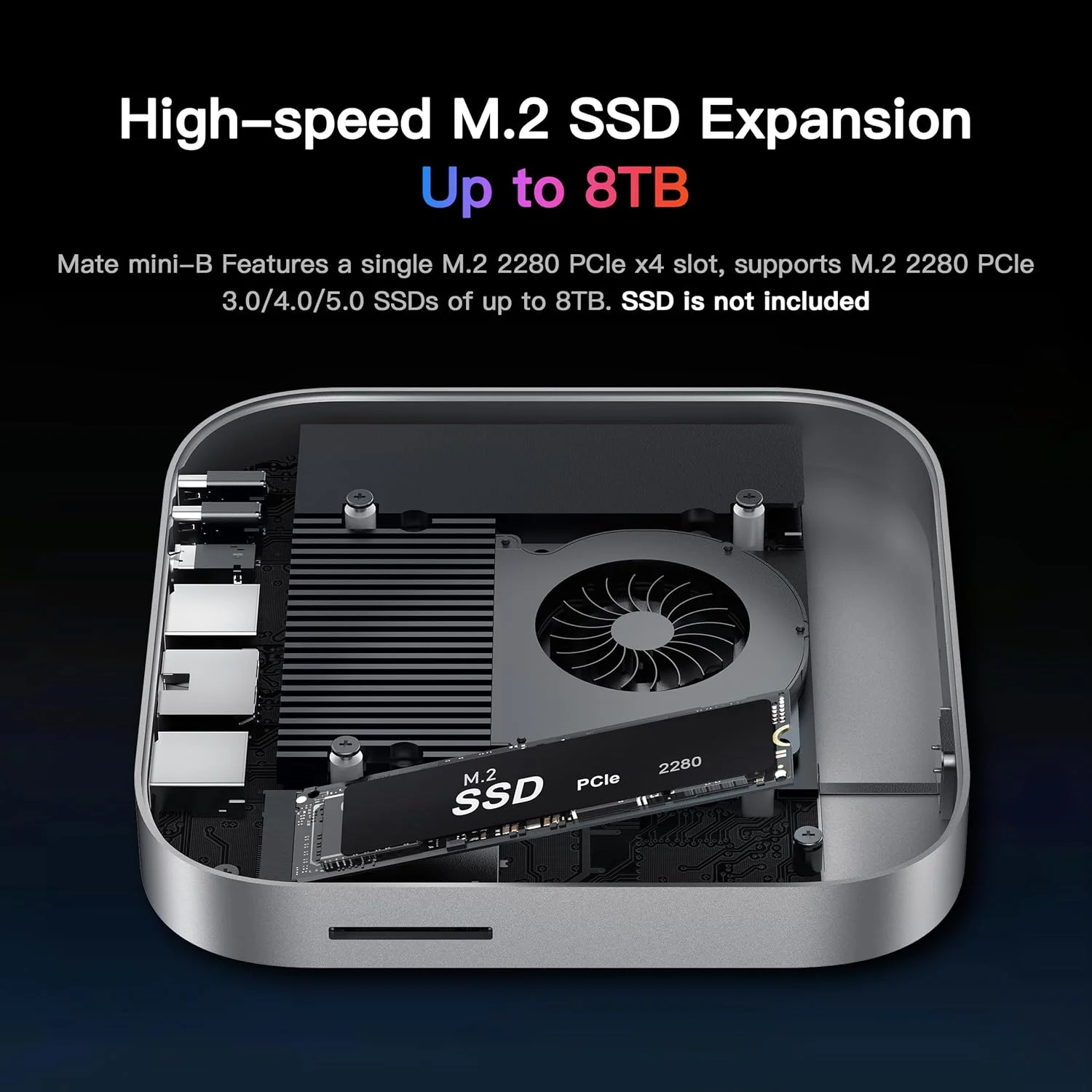 داک مک مینی M4، ایستگاه داکینگ Beelink EX Mate Mini-B 80Gbps، دارای 1 اسلات SSD از نوع M.2 PCIex4، قابلیت ارتقا تا 8 ترابایت، اسلات کارت SD4.0، شبکه LAN 2.5G، پورت USB C PD3.0 با توان 15 وات، 2 پورت USB A 10Gbps، جک صوتی 3.5 میلی‌متری