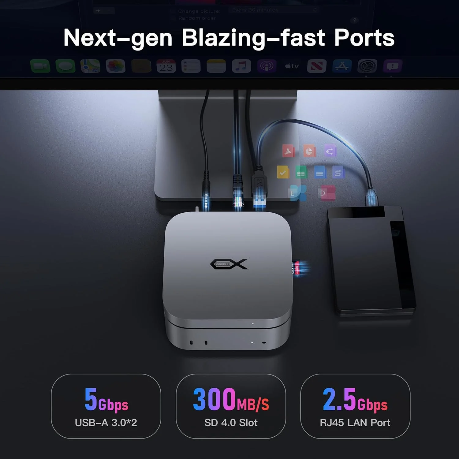 داک مک مینی M4، ایستگاه اتصال Beelink Mate Mini-A 80Gbps، دارای 2 اسلات SSD از نوع M.2 PCIex2، حداکثر توسعه 16 ترابایت، اسلات کارت SD4.0، شبکه 2.5G LAN، پورت USB C PD3.0 با توان 15 وات، 2 پورت USB A 10Gbps، جک صوتی 3.5 میلی‌متری