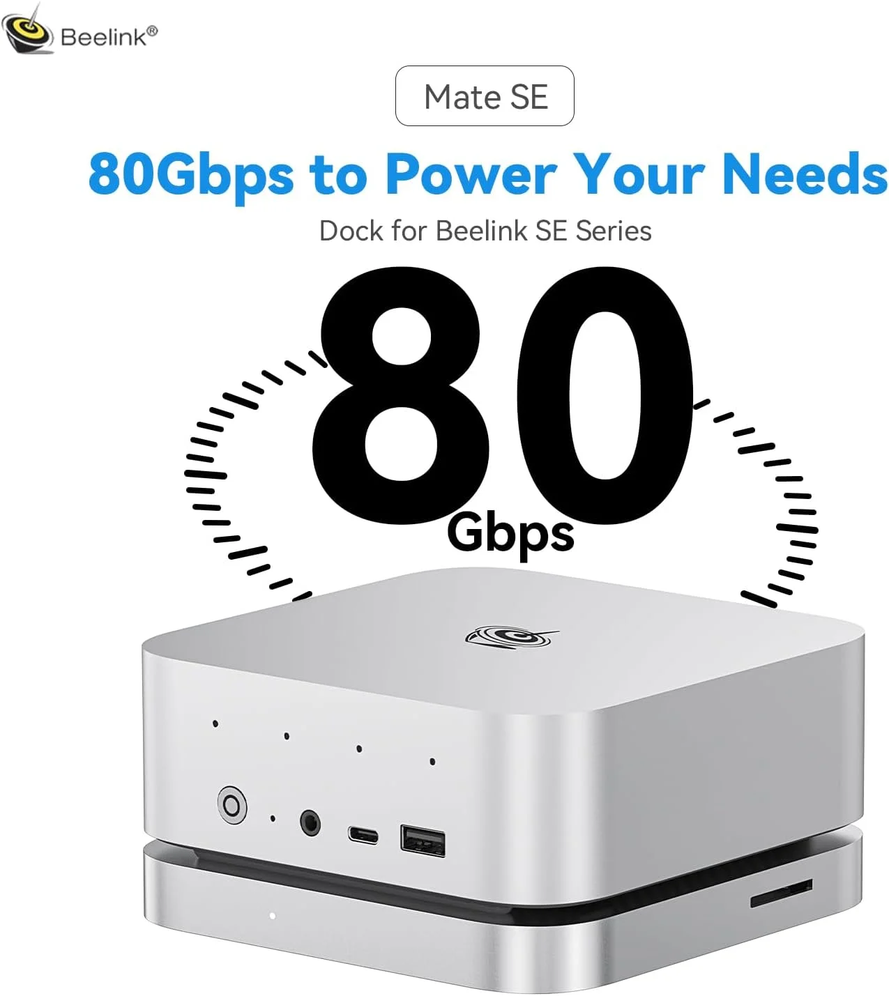ایستگاه اتصال Beelink Mate SE-A 80Gbps USB-C، دارای دو اسلات M.2 PCIex2 SSD (حداکثر 16 ترابایت)، USB-A3.0 * 2، LAN 2.5G * 1، SD4.0 * 1، مناسب برای SER8/SER9 PRO/لپ‌تاپ‌ها/کامپیوترهای رومیزی/مینی کامپیوتر، آلیاژ آلومینیوم، نقره‌ای یخی