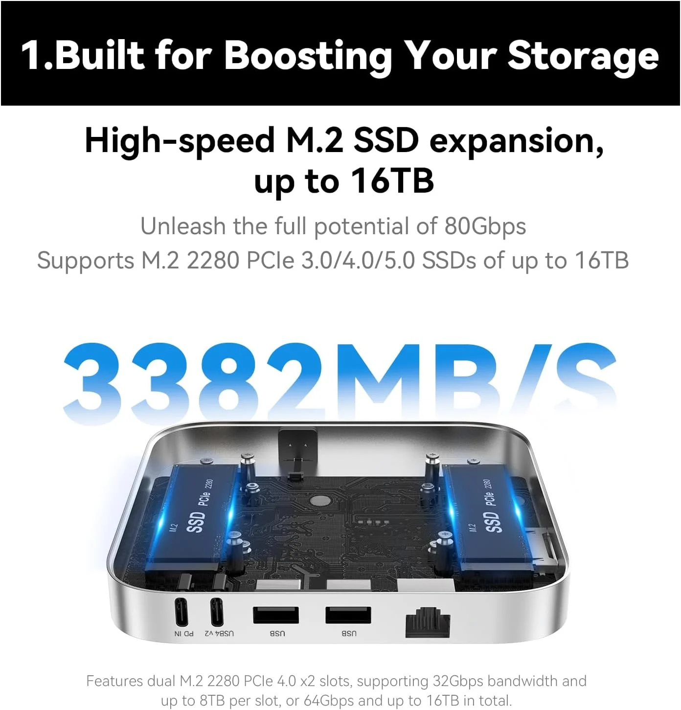 ایستگاه اتصال Beelink Mate SE-A 80Gbps USB-C، دارای دو اسلات M.2 PCIex2 SSD (حداکثر 16 ترابایت)، USB-A3.0 * 2، LAN 2.5G * 1، SD4.0 * 1، مناسب برای SER8/SER9 PRO/لپ‌تاپ‌ها/کامپیوترهای رومیزی/مینی کامپیوتر، آلیاژ آلومینیوم، نقره‌ای یخی