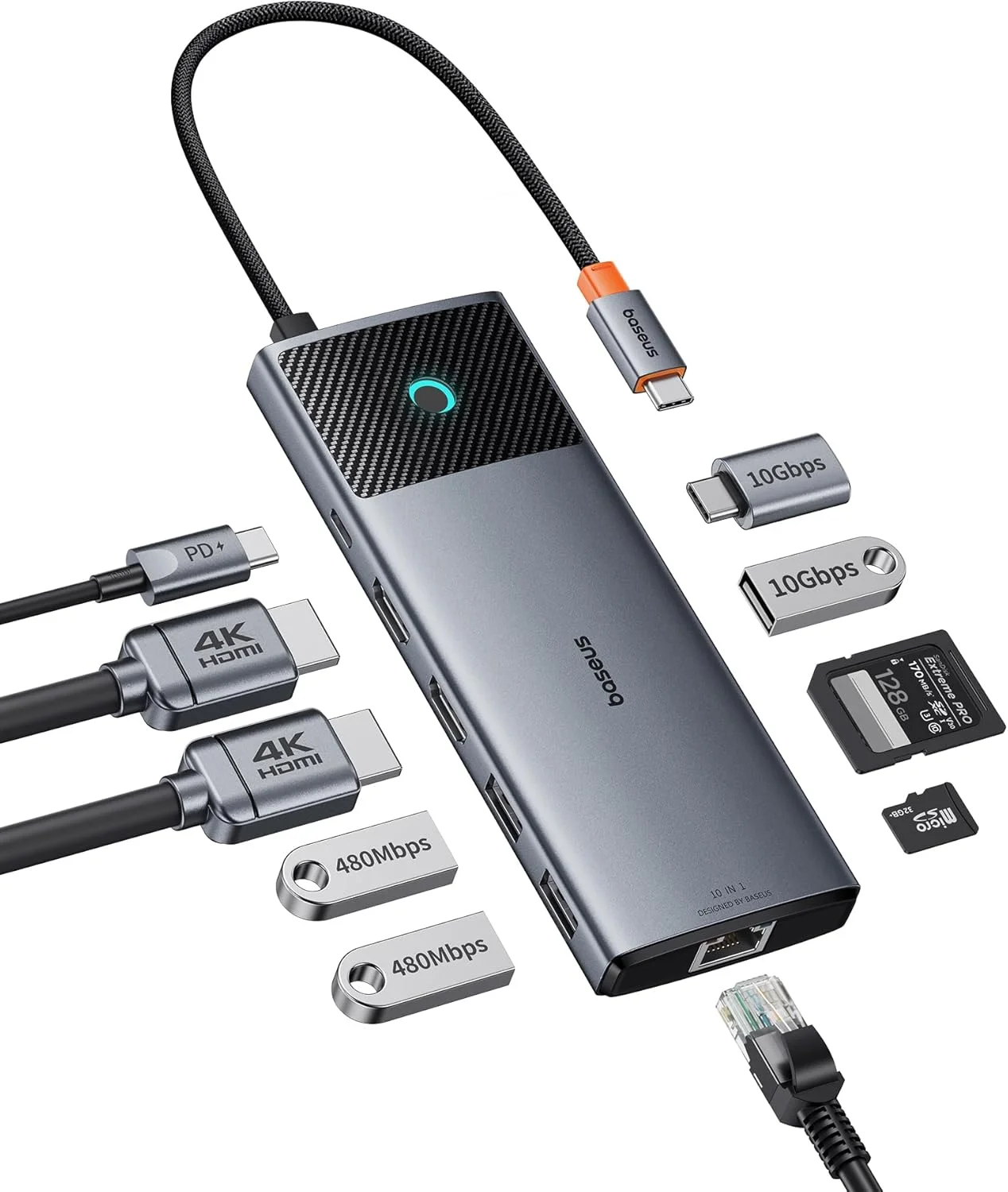 داک استیشن USB C دو نمایشگر Baseus، داک استیشن 10 در 1 با سرعت 10 گیگابیت بر ثانیه با 2 پورت HDMI تک 4K@120Hz، دوگانه 4K@60Hz، 10Gbps USB-A و USB-C، گیگابیت اترنت و PD 100W برای Mac/Dell/HP/Lenovo