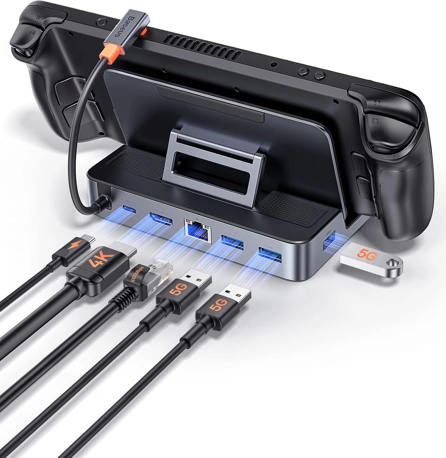 داک استیم دک بیسوس با طراحی پایه قابل تنظیم، 6 در 1 برای استیم دک، دارای HDMI 4K@60Hz، 3 پورت USB-A 3.0، اترنت و شارژ سریع PD 100W، لوازم جانبی استیم دک