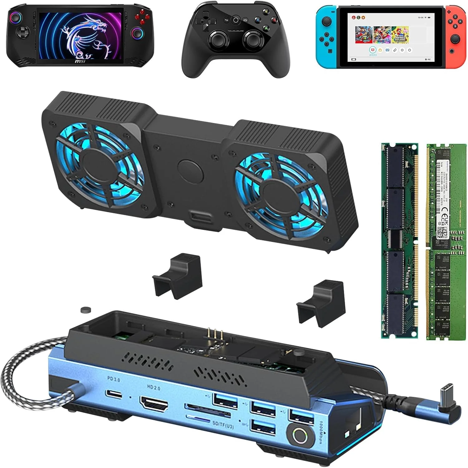 داک استیشن بازی 10 در 1 Azonee Type-C برای Steam Deck/ROG Ally/Switch M.2 PCie nvme جعبه هارد دیسک، USB-C HUB 4K 60Hz، خنک کننده دوگانه فن، 100W 10Gbps، کارت خوان USB 3.0، اترنت 1000Mbps