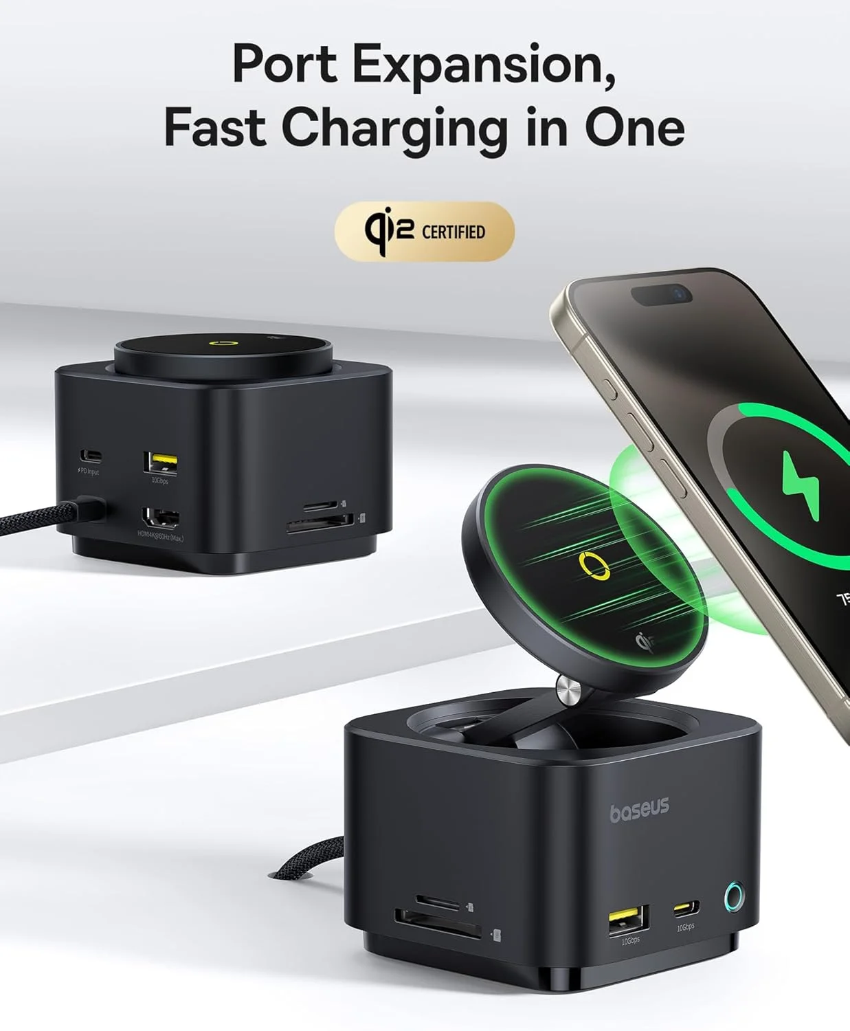 هاب و داکینگ استیشن مغناطیسی 7 در 1 Baseus دارای شارژر بی‌سیم MagSafe 15 واتی، HDMI 4K@60Hz، پورت‌های USB 100W PD و 10Gbps، کارت‌خوان SD، شارژ سریع و انتقال داده برای آیفون 16 پرو
