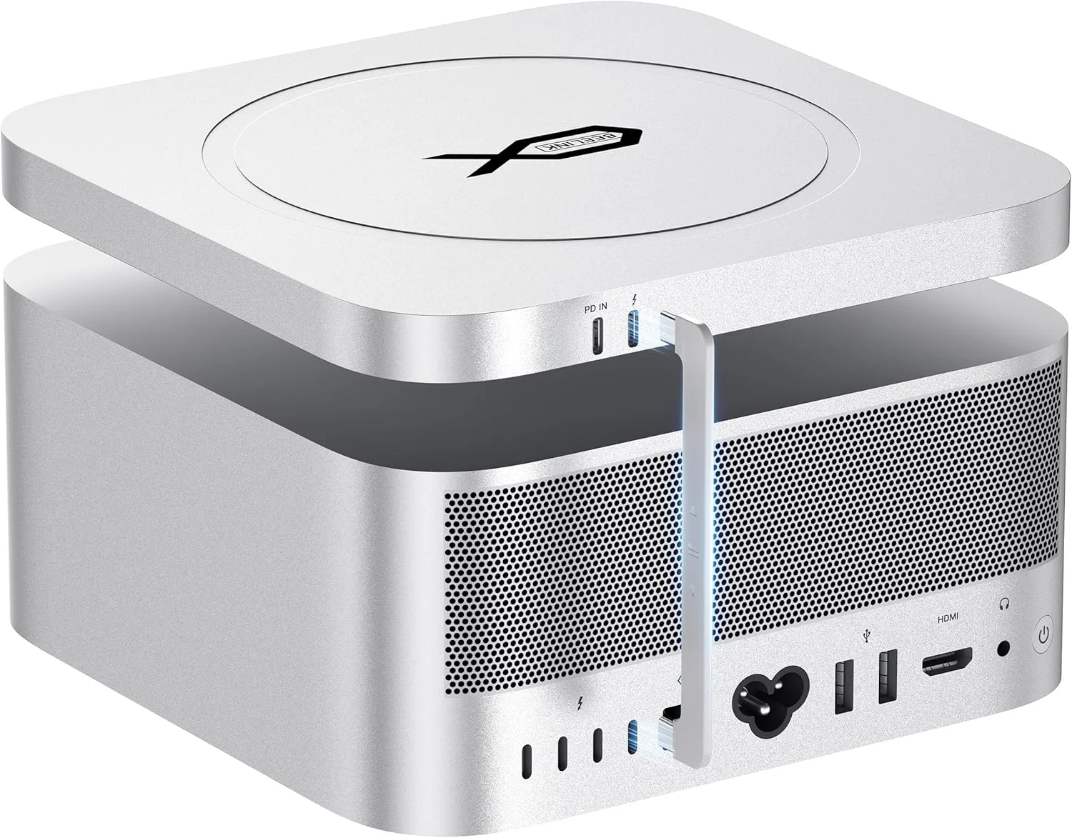 ایستگاه اتصال مک میت استودیو، USB-C با سرعت 80 گیگابیت بر ثانیه، دارای دو اسلات SSD M.2 2280، پشتیبانی از SSD PCle 3.0/4.0/5.0 (تا 16 ترابایت)، پورت USB C PD3.0 با توان 15 وات