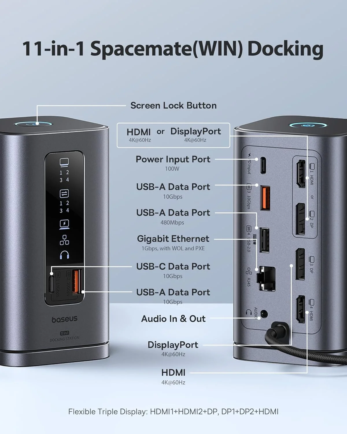 داک استیشن Baseus، مدل Spacemate(Win) 11 در 1، نمایشگر سه گانه، 4K HDMI و DP، پورت های USB A/C با سرعت 10 گیگابیت بر ثانیه، گیگابیت اترنت، PD 100W، صدا، داک استیشن لپ تاپ برای ویندوز/دل/اچ پی/لنوو/ایسوس/ایسر/مک