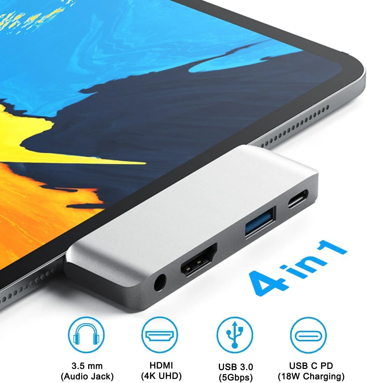 هاب USB-C آزونی با آداپتور HDMI – ایستگاه داکینگ 4 در 1 برای آیپد پرو/ایر/مینی، HDMI 4K، USB 3.0، جک صوتی 3.5 میلی‌متری و PD 18W، برای تبلت‌های سامسونگ گلکسی تب/سرفیس گو/بوک 2 و غیره