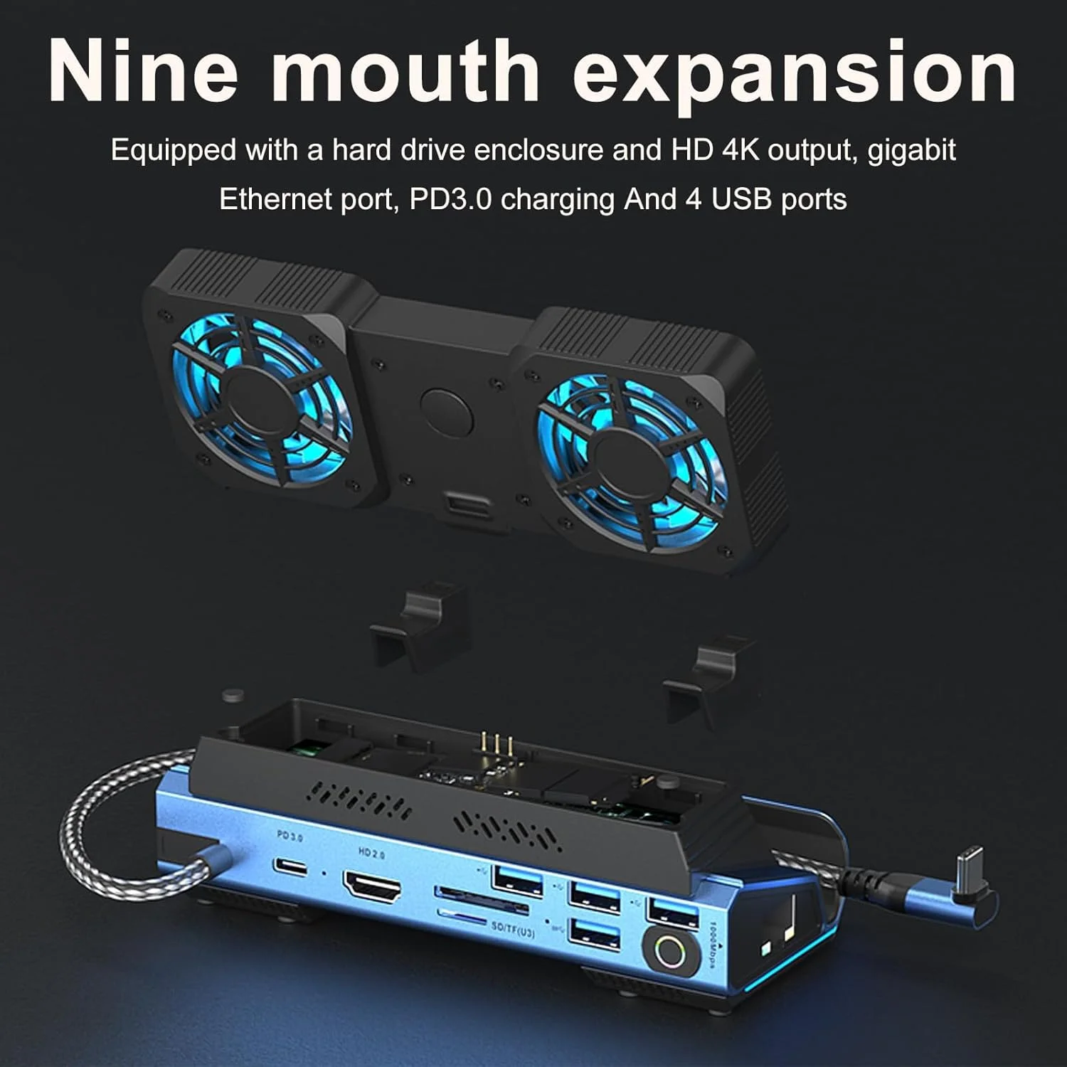 داک استیشن بازی 10 در 1 Azonee Type-C برای Steam Deck/ROG Ally/Switch M.2 PCie nvme جعبه هارد دیسک، USB-C HUB 4K 60Hz، خنک کننده دوگانه فن، 100W 10Gbps، کارت خوان USB 3.0، اترنت 1000Mbps