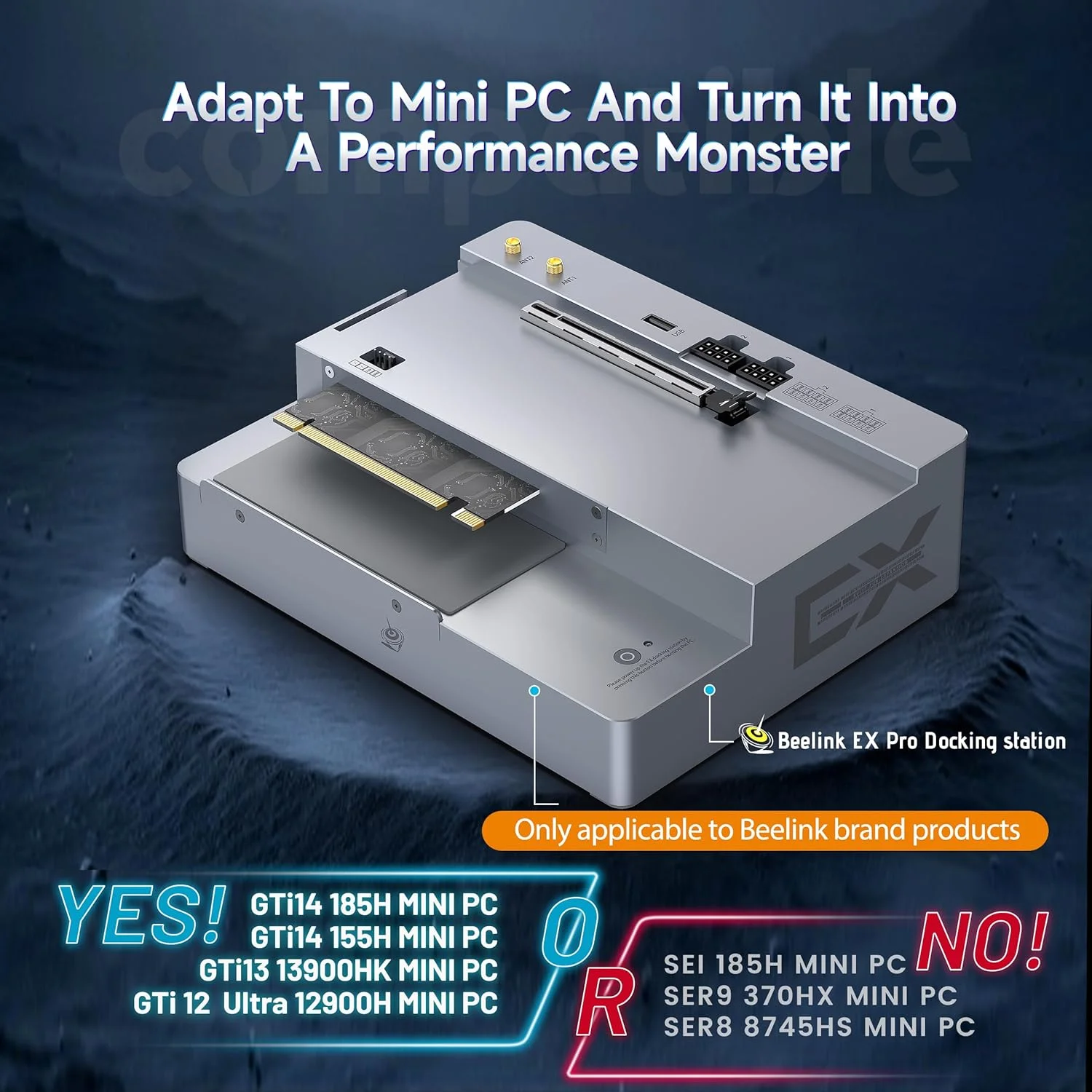 داک استیشن کارت گرافیک اکسترنال Beelink، اسلات PCle×16 (PCle5.0×8)، تراشه های دوگانه PCle5.0×8، کارت گرافیک اکسترنال فقط برای GTi14 185H/155H، GTi13/GTi12، پشتیبانی از سری RTX40/50، سری RX9000 و سایر کارت های گرافیک