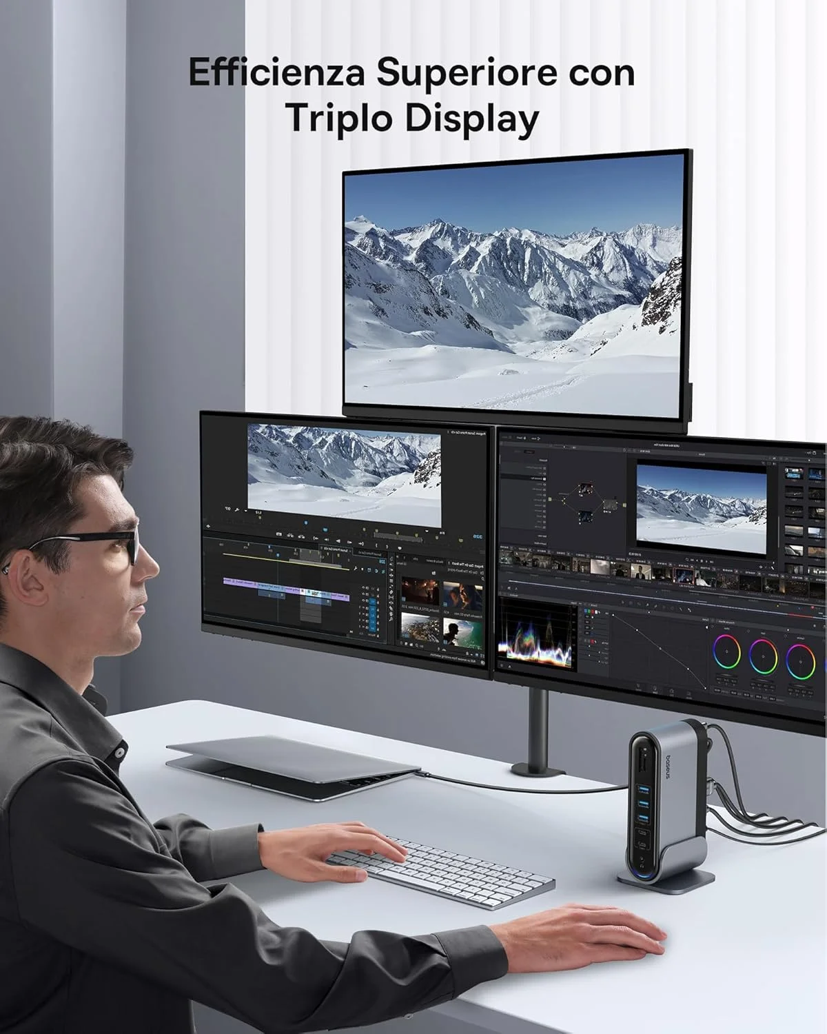 داک استیشن 17 در 1 بیسوس با پشتیبانی از 3 مانیتور 4K با نرخ 60 هرتز، دارای 2 پورت HDMI، پورت DisplayPort، 5 پورت USB 3.0 با سرعت 5 گیگابیت بر ثانیه، PD 100W و پورت Gigabit Ethernet مناسب برای HP/Lenovo/Dell/MacBook/Surface Laptop