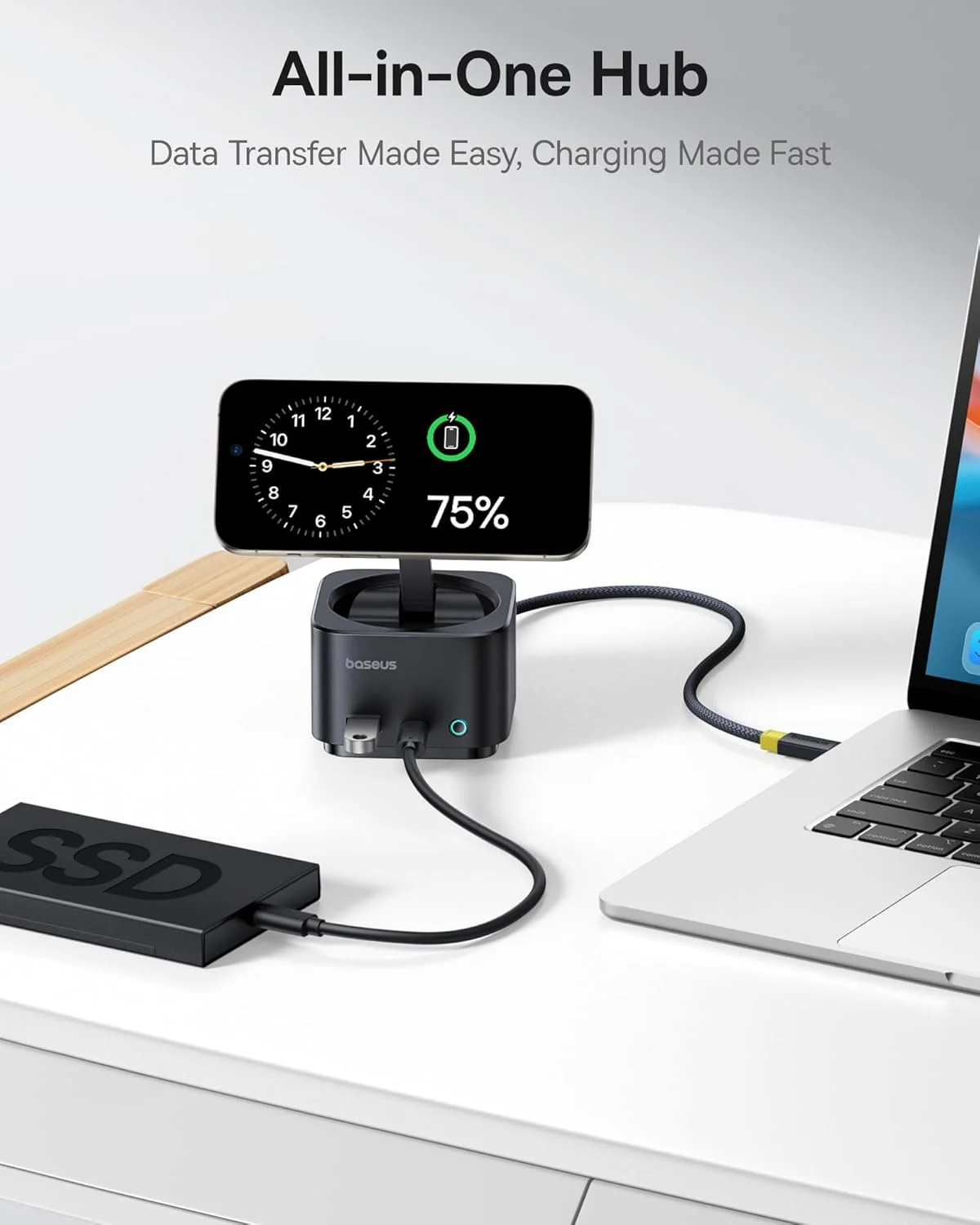 هاب و داکینگ استیشن مغناطیسی 7 در 1 Baseus دارای شارژر بی‌سیم MagSafe 15 واتی، HDMI 4K@60Hz، پورت‌های USB 100W PD و 10Gbps، کارت‌خوان SD، شارژ سریع و انتقال داده برای آیفون 16 پرو