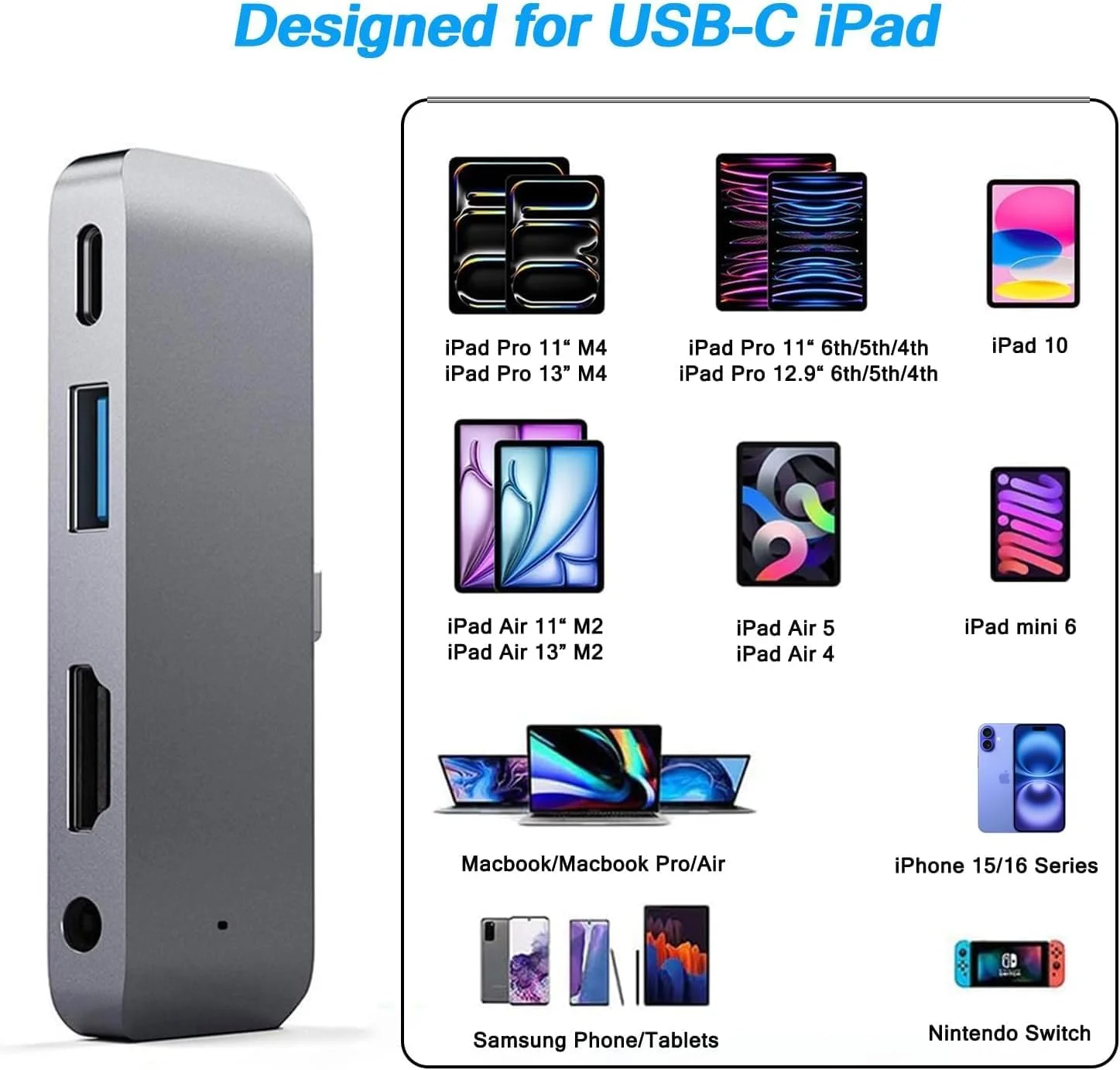 هاب USB-C آزونی با آداپتور HDMI – ایستگاه داکینگ 4 در 1 برای آیپد پرو/ایر/مینی، HDMI 4K، USB 3.0، جک صوتی 3.5 میلی‌متری و PD 18W، برای تبلت‌های سامسونگ گلکسی تب/سرفیس گو/بوک 2 و غیره