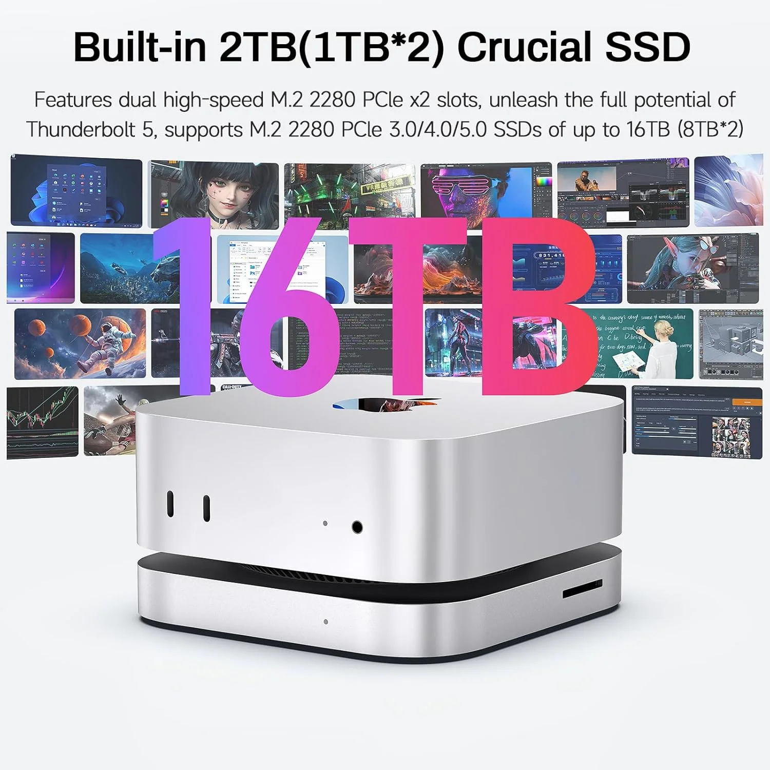 داک و استند Mate Mini-A 80Gbps تاندربولت 5 مک مینی M4، دارای 2 ترابایت حافظه SSD Crucial (قابل ارتقا تا 16 ترابایت)، پورت PD3.0، کارت خوان SD4.0، شبکه 2.5G LAN، 2 پورت USB A 10Gbps برای لپ تاپ/کامپیوتر رومیزی/مینی کامپیوتر