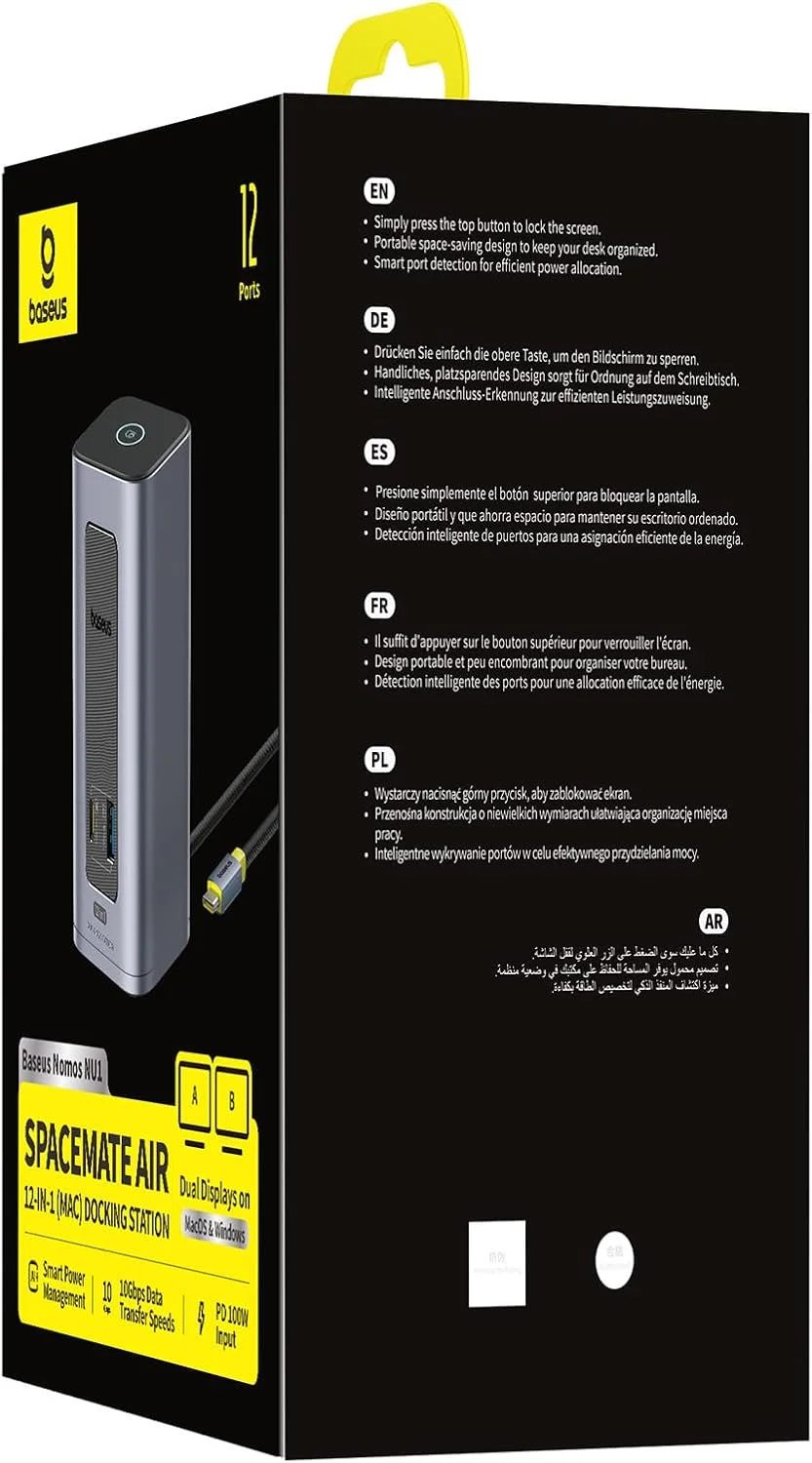 داک استیشن USB-C بیسوس، Nomos Air Mac 12 در 1، داک استیشن 2 مانیتور، 4K HDMI یا DP، پورت های USB 10 گیگابیت بر ثانیه، PD 100 وات، گیگابیت اترنت، سازگار با macOS/Win (بدون منبع تغذیه)