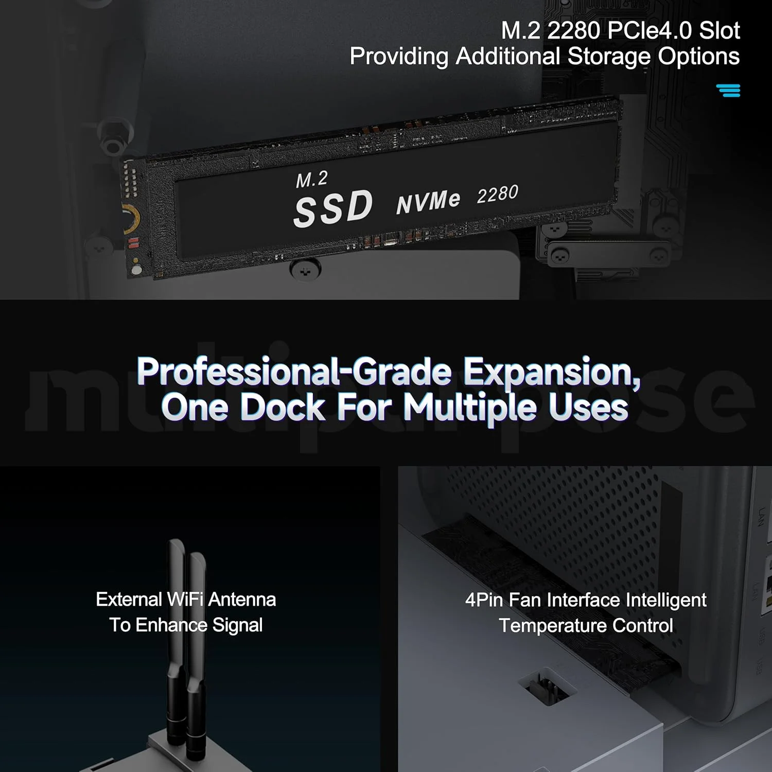 داک استیشن کارت گرافیک اکسترنال Beelink، اسلات PCle×16 (PCle5.0×8)، تراشه های دوگانه PCle5.0×8، کارت گرافیک اکسترنال فقط برای GTi14 185H/155H، GTi13/GTi12، پشتیبانی از سری RTX40/50، سری RX9000 و سایر کارت های گرافیک