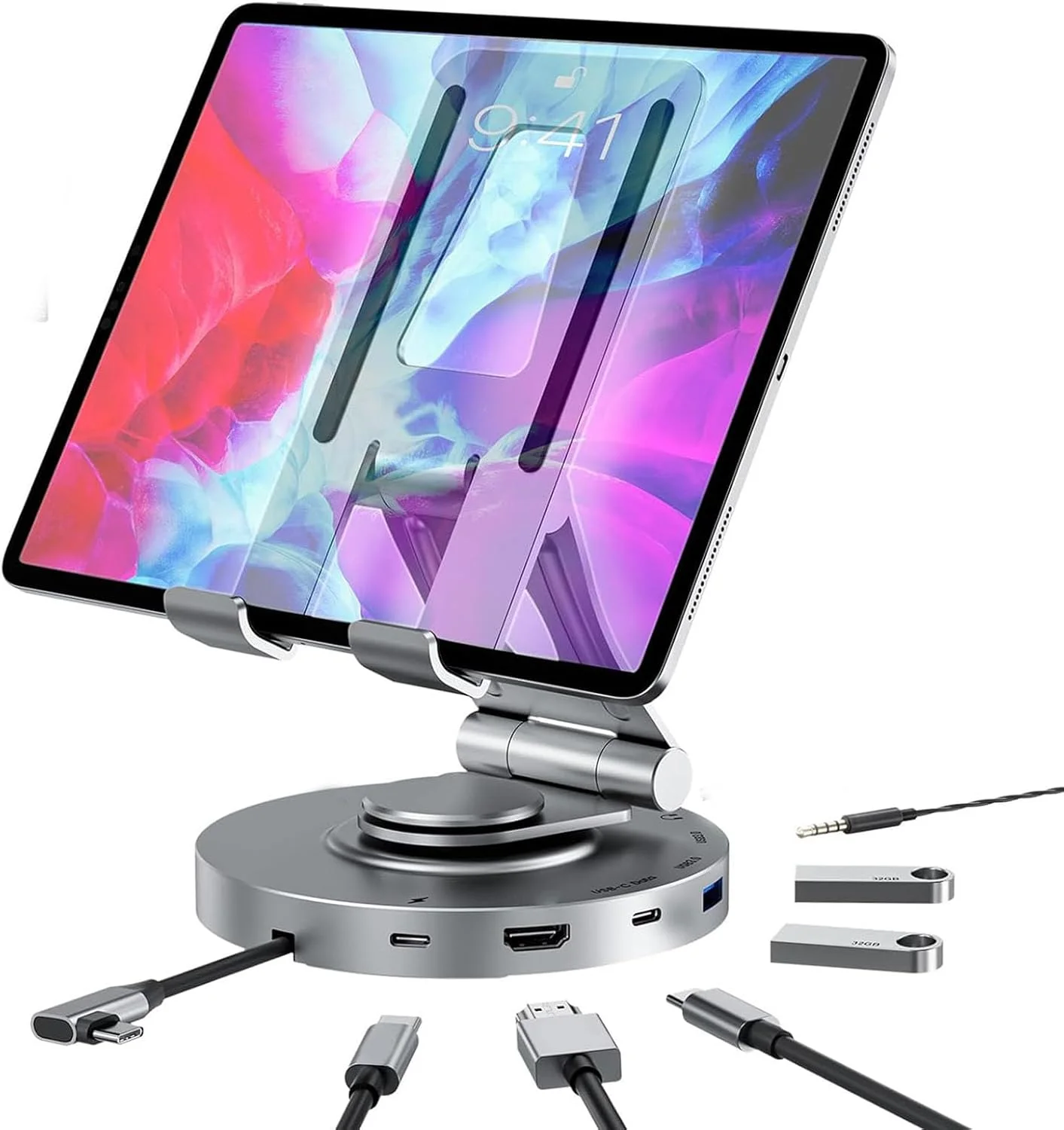 پایه استند داکینگ استیشن لپ تاپ USB C اَشاتا 11 در 1، استند تبلت قابل تنظیم چرخان 360 درجه با هاب USBC، نگهدارنده تبلت با کارت خوان، جک صدای 3.5 میلی متری، USB 3.0، پورت برق 100W PD