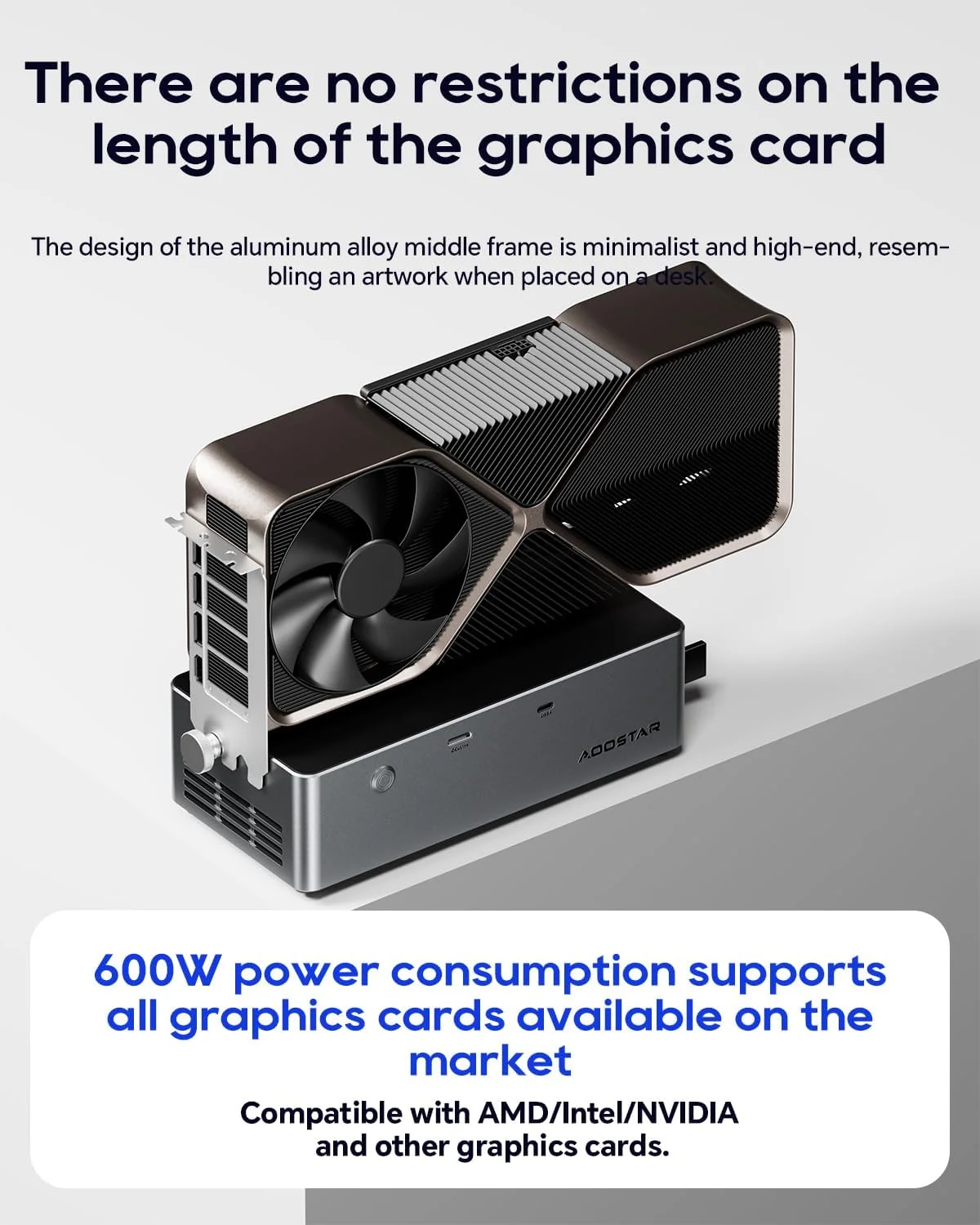 داک کارت گرافیک اکسترنال AOOSTAR AG02 با منبع تغذیه 800 واتی، پورت OCuLink + USB4 و پشتیبانی از تعویض سریع TGX - طراحی قاب باز، سازگاری جهانی کارت گرافیک برای بازی و رندرینگ سه بعدی مینی پی سی/لپ تاپ