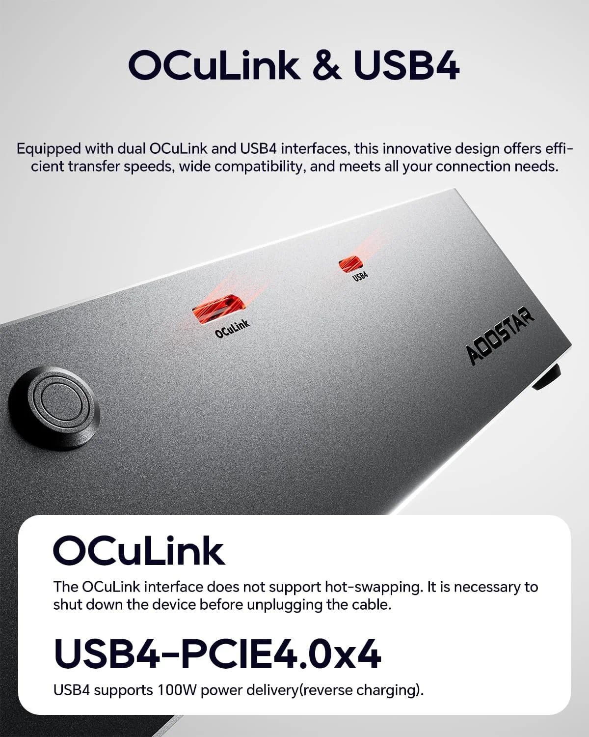 داک کارت گرافیک اکسترنال AOOSTAR AG02 با منبع تغذیه 800 واتی، پورت OCuLink + USB4 و پشتیبانی از تعویض سریع TGX - طراحی قاب باز، سازگاری جهانی کارت گرافیک برای بازی و رندرینگ سه بعدی مینی پی سی/لپ تاپ