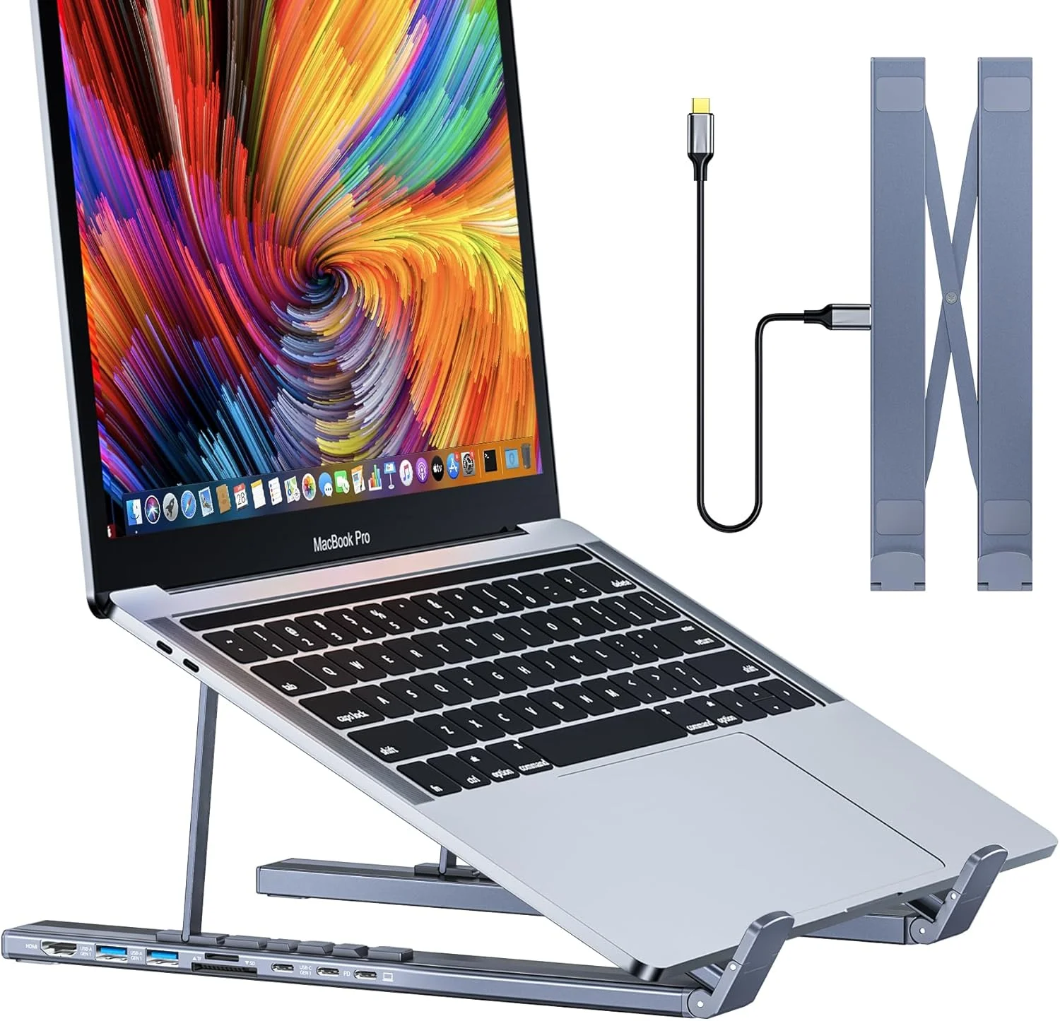 AE-COMP - پایه استند داکینگ لپ تاپ USB C با HDMI 4K، 8 پورت | هاب USB C با منبع تغذیه | استند لپ تاپ قابل تنظیم برای لپ تاپ های 10-17 اینچی | لایت