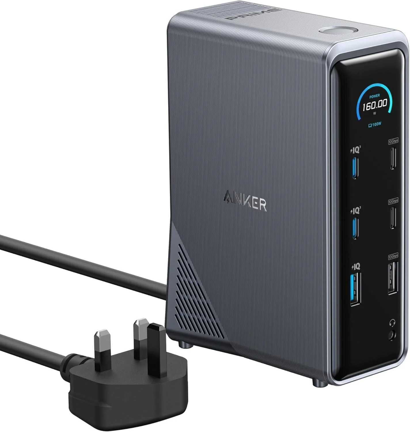 داک شارژ Anker Prime، 14 پورت با حداکثر خروجی 160 وات و منبع تغذیه داخلی GaN AC-DC، انتقال داده 10 گیگابیت بر ثانیه، رابط هوشمند بلادرنگ، نمایشگرهای دوگانه 4K برای مک بوک، دل، تلفن ها و موارد دیگر