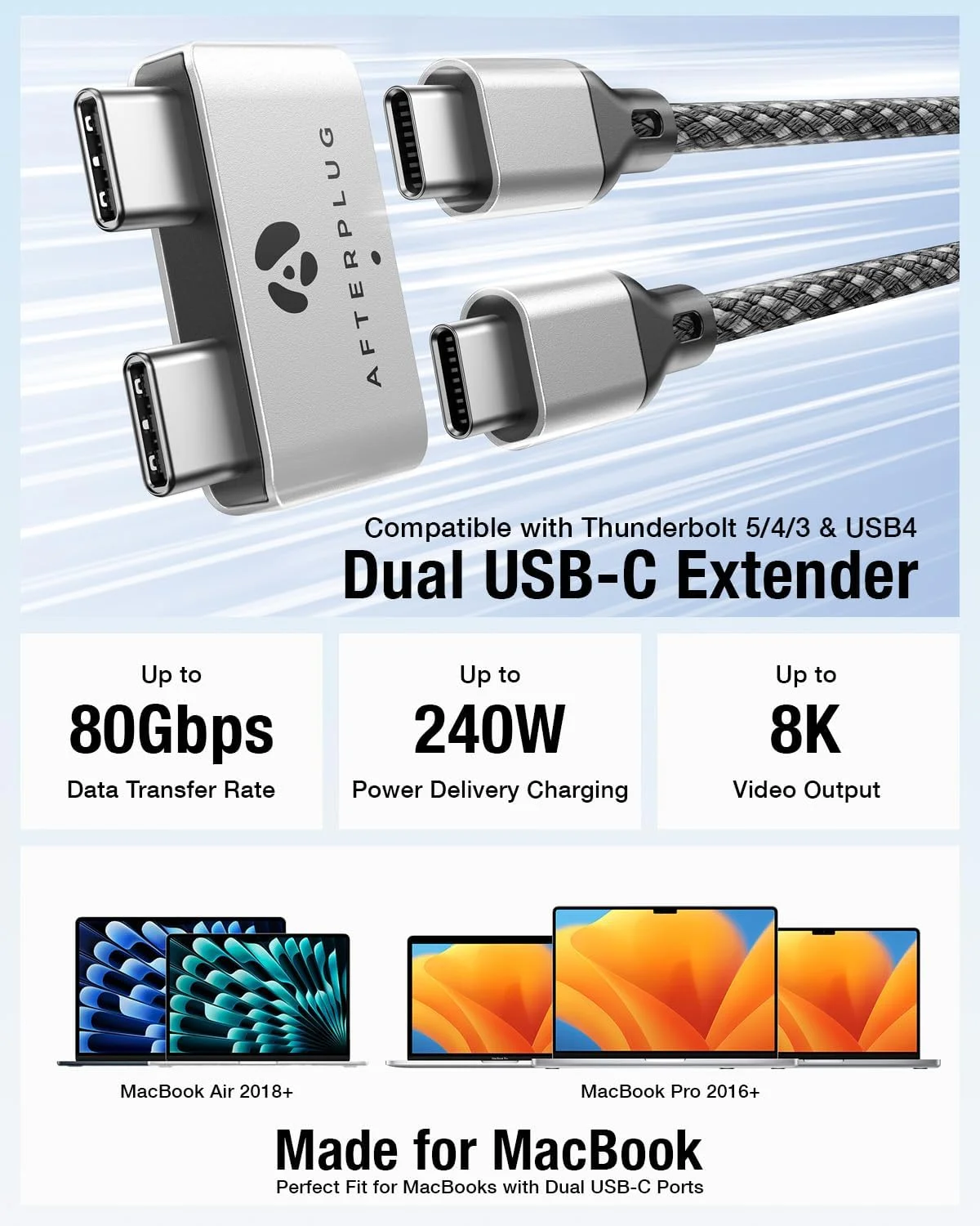 یک توسعه دهنده USB C برای مک بوک با قاب، آداپتور توسعه دهنده 2 پورت Type C نر به ماده سازگار با Thunderbolt 3/4 یا پورت USB4 Type C; 240W PD، ویدئو 8K و انتقال داده 40Gbps