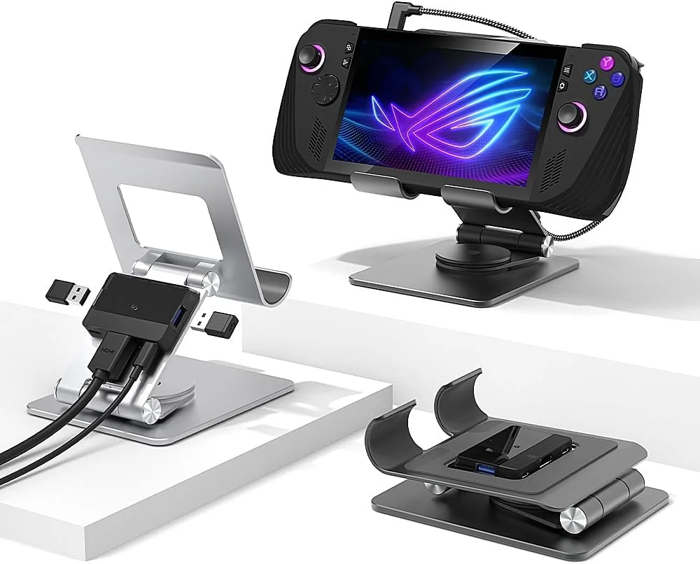پایه اتصال گیمینگ 360 درجه قابل تنظیم برای نینتندو سوییچ، استیم دک OLED، ROG Ally X، لپ‌تاپ‌ها، هاب داک چند پورت USB-C با HDMI 4K، هاب داک گیمینگ قابل حمل آلومینیومی فوق‌العاده نازک