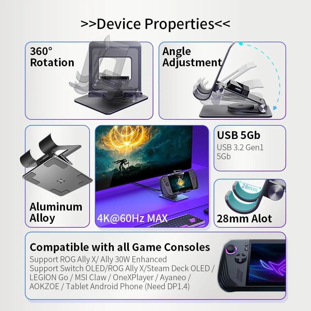 پایه اتصال گیمینگ 360 درجه قابل تنظیم برای نینتندو سوییچ، استیم دک OLED، ROG Ally X، لپ‌تاپ‌ها، هاب داک چند پورت USB-C با HDMI 4K، هاب داک گیمینگ قابل حمل آلومینیومی فوق‌العاده نازک