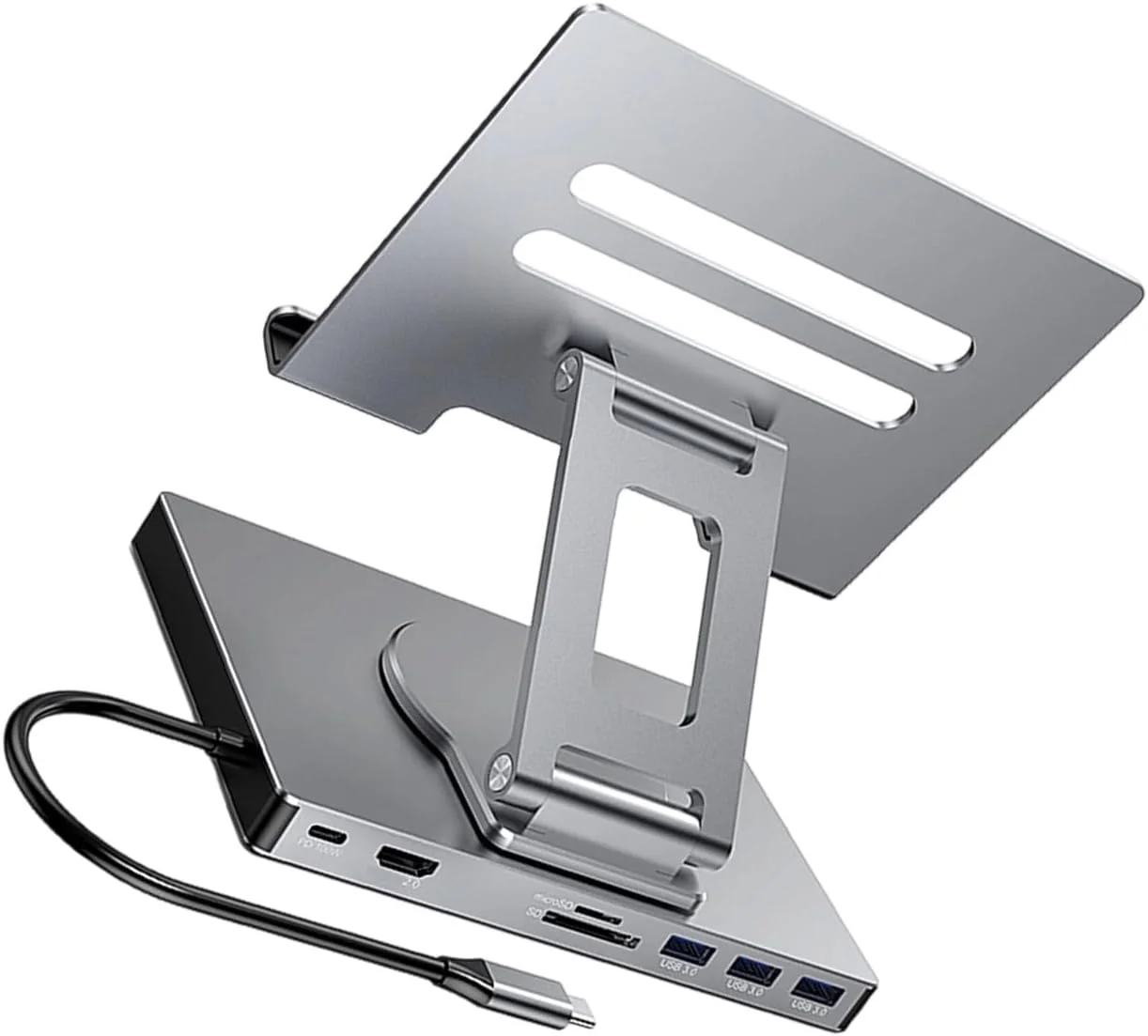 پایه استند داکینگ USB C قابل تنظیم با توان خروجی 100 وات، بدنه آلومینیومی، پورت اترنت، خروجی 3.5 میلی‌متری، پایه تاشو و چرخان مناسب تبلت به همراه آداپتور USB