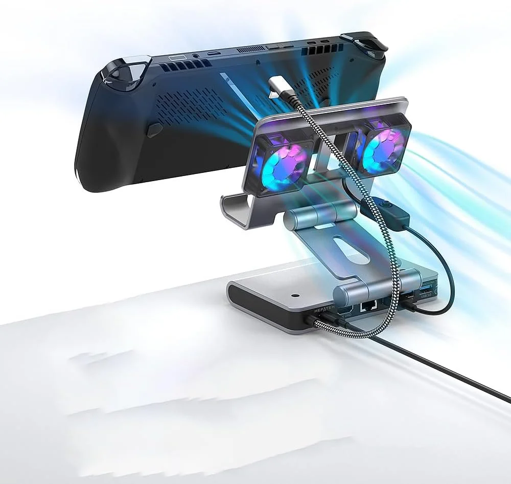 داک استیشن با فن، پایه قابل تنظیم 6 در 1 برای اکثر کنسول های بازی دستی، HDMI 4K@60Hz، اترنت 1000 مگابیت بر ثانیه، 3 پورت USB-A 3.0، شارژ سریع 100 وات