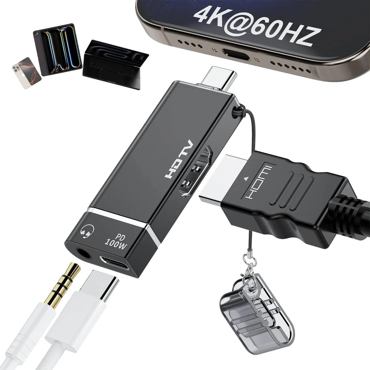 آداپتور USB-C به HDMI، آداپتور HDMI به Type-C 4K@60Hz با USB-C + شارژ PD 100W + جک صوتی 3.5 میلی‌متری، چند پورت 3 در 1 سازگار با MacBook Pro، iPad Air، iPhone، لپ‌تاپ، تلویزیون، سوییچ، مانیتور