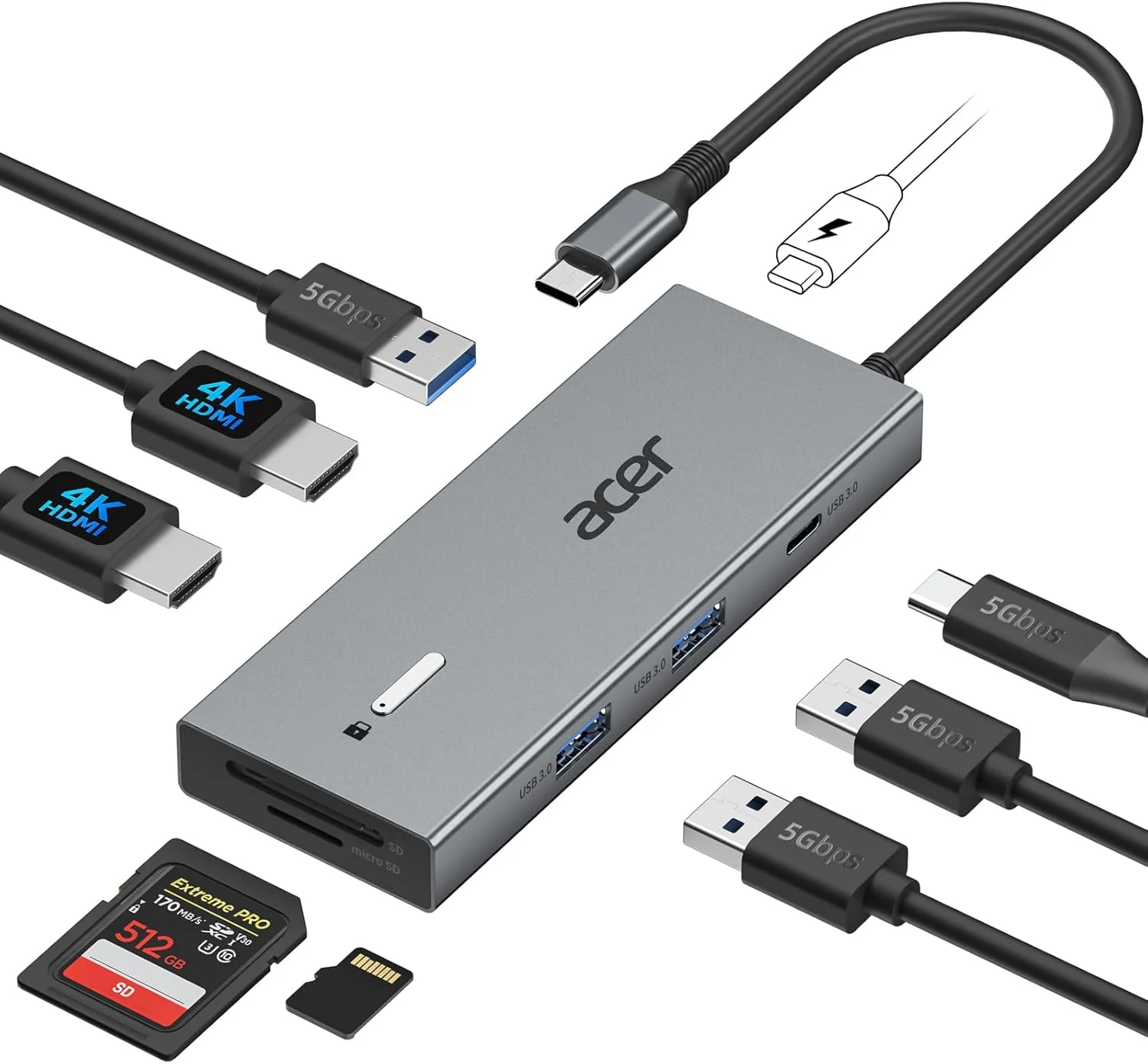 ایستگاه اتصال USB C ایسر با دو خروجی HDMI، هاب 9 در 1 Type C به HDMI 4K@60Hz، 3 پورت USB-A، 1 پورت Type-C 5Gbps، توان 100W PD، کارت خوان SD/TF، پورت های متعدد برای 2 مانیتور، Dell، Chromebook، MacBook Air/Pro، Surface و غیره.