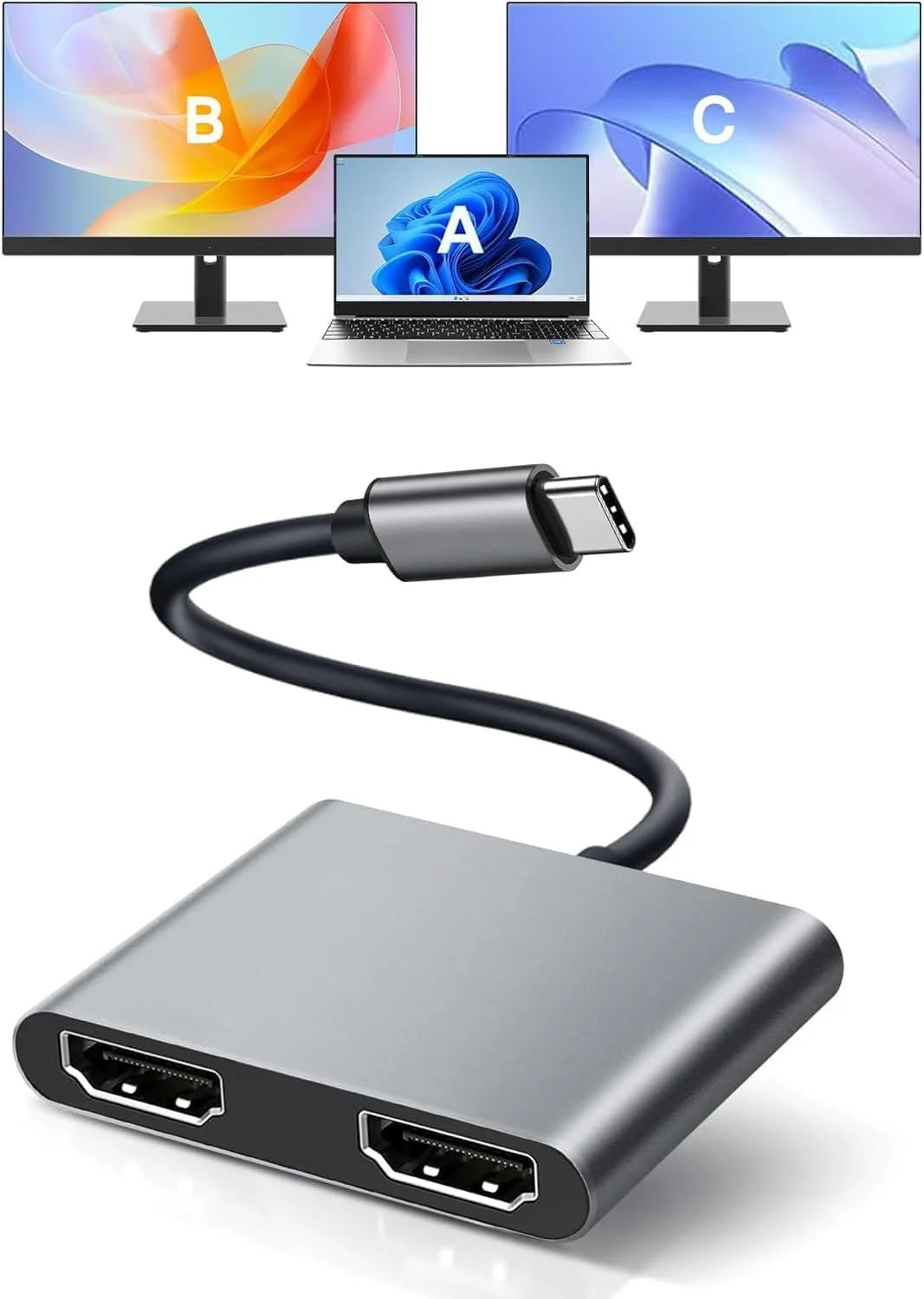 آداپتور USB-C به دو HDMI، اسپلیتر نمایشگر 4K، داک استیشن 2 پورت HDMI