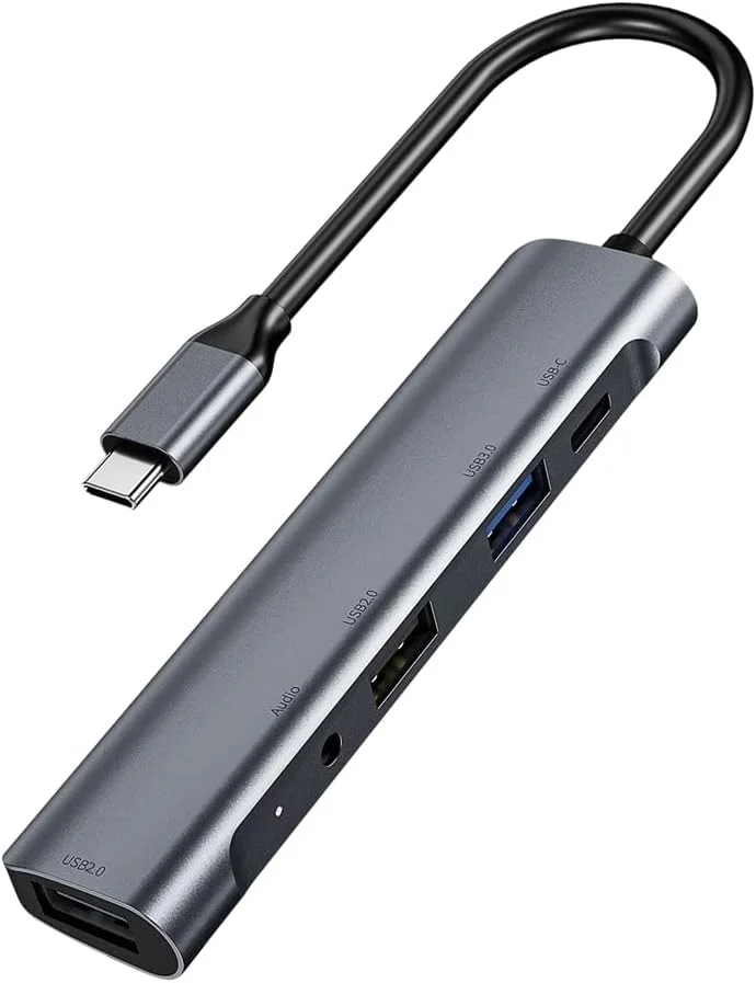 آداپتور هاب USB-C پنج در یک، جک صوتی 3.5 میلی‌متری USB 2.0 3.0 Type C 60W PD ایستگاه داکینگ برای لپ‌تاپ و کامپیوتر رومیزی، QC521