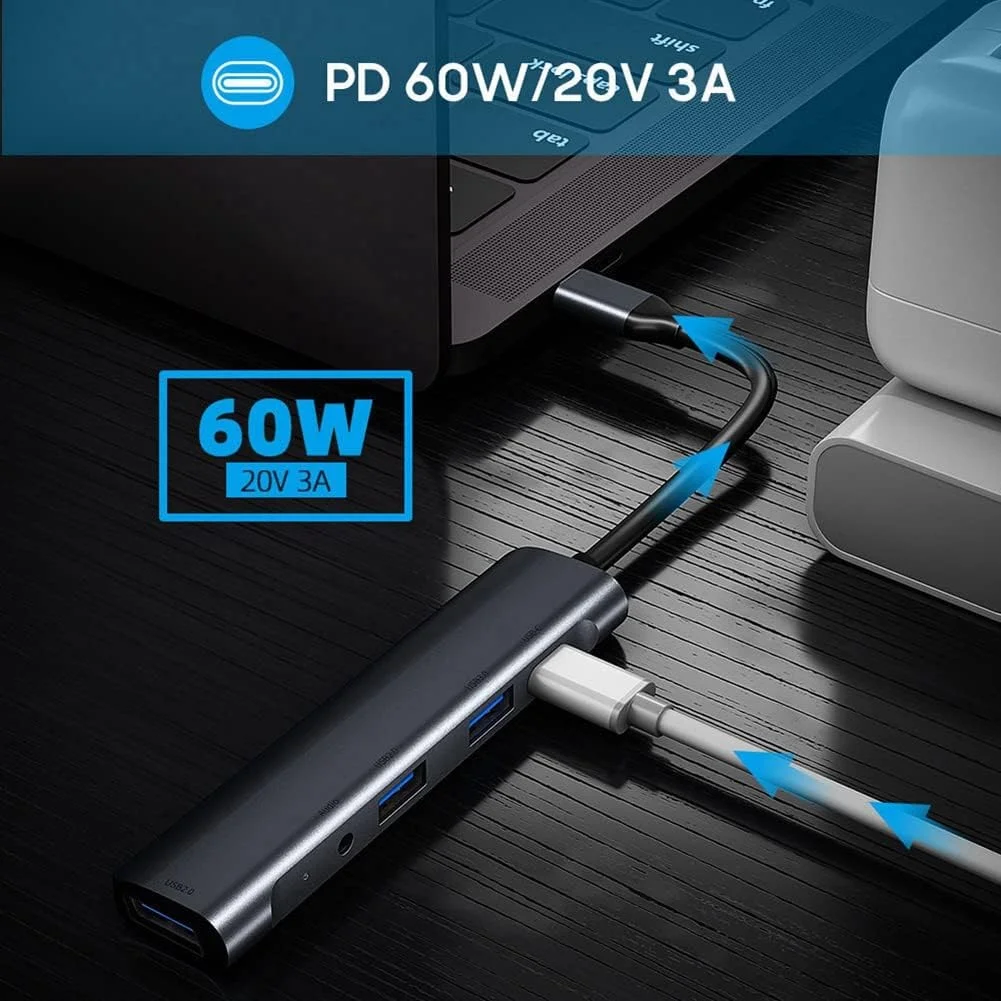 آداپتور هاب USB-C پنج در یک، جک صوتی 3.5 میلیمتری USB 2.0 3.0 Type C 60W PD ایستگاه داکینگ برای لپتاپ و کامپیوتر رومیزی، QC521 - تصویر 3 آداپتور هاب USB-C پنج در یک، جک صوتی 3.5 میلیمتری USB 2.0 3.0 Type C 60W PD ایستگاه داکینگ برای لپتاپ و کامپیوتر رومیزی، QC521 - تصویر 3
