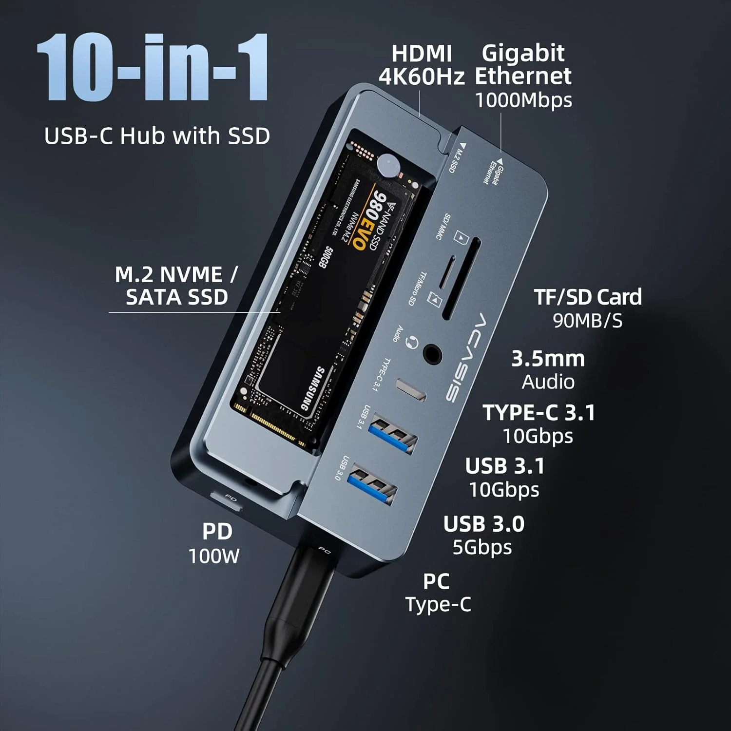 هاب USB C آکاسیس با محفظه SSD، ایستگاه داکینگ لپ تاپ با HDMI 4K 60Hz، پورت PD 100 واتی، USB A و C 3.1، کارت خوان SD/TF، محفظه SSD با سرعت 10 گیگابیت بر ثانیه M.2 NVME SATA (خاکستری روشن)