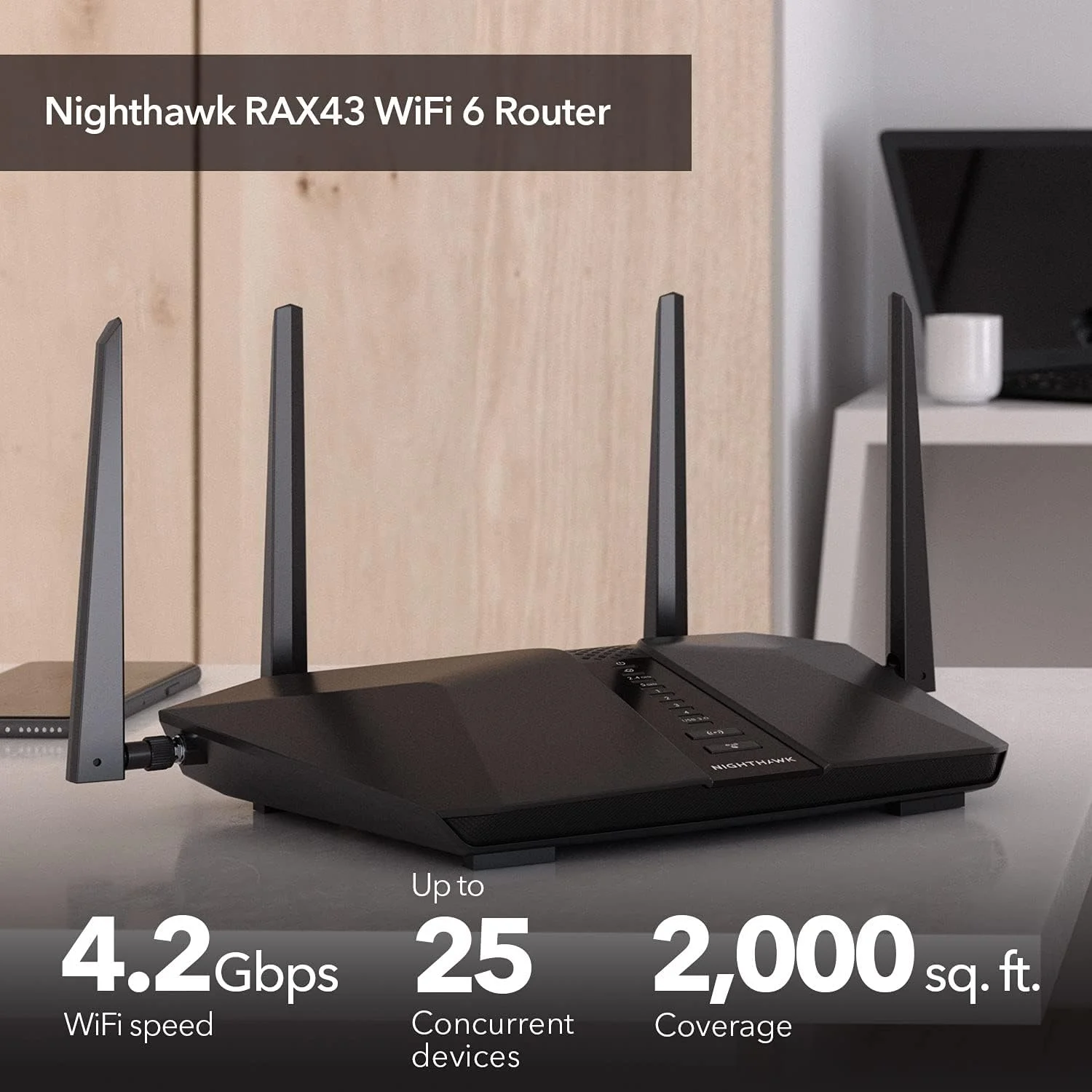 روتر وای فای 6 NETGEAR Nighthawk (RAX43) - ویژگی های امنیتی، روتر گیگابیتی دو بانده 5 جریانی، سرعت بی سیم AX4200 (تا 4.2 گیگابیت بر ثانیه)، پوشش تا 230 متر مربع و 25 دستگاه روتر وای فای 6 NETGEAR Nighthawk (RAX43) - ویژگی های امنیتی، روتر گیگابیتی دو بانده 5 جریانی، سرعت بی سیم AX4200 (تا 4.2 گیگابیت بر ثانیه)، پوشش تا 230 متر مربع و 25 دستگاه