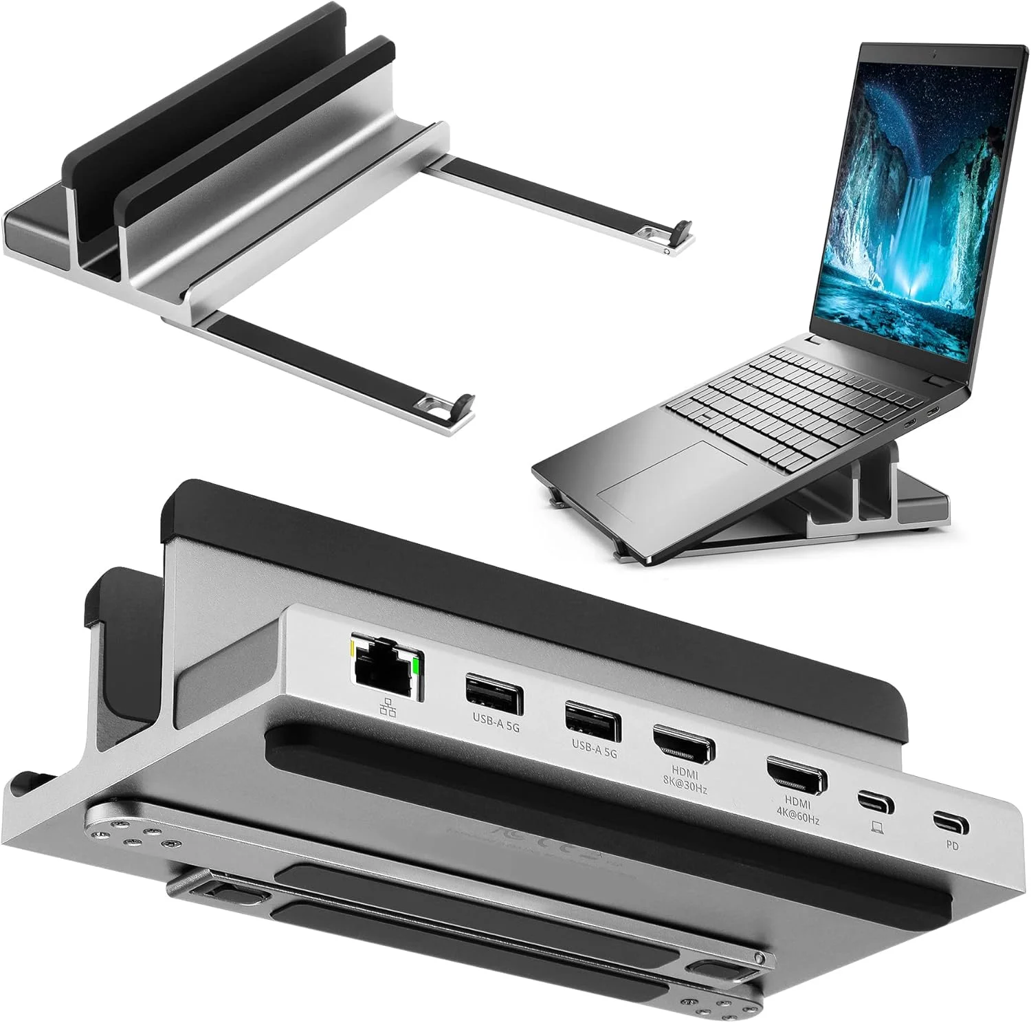پایه لپ‌تاپ USB-C هفت پورت 14 اینچی AceProAV با ایستگاه داکینگ نمایشگر دوگانه، هاب نگهدارنده تبلت، سازمان‌دهنده عمودی میز/ HDMI 8K30Hz، USB-A 5Gbps، اترنت 1Gbps، تحویل برق 100W، خاکستری فضایی