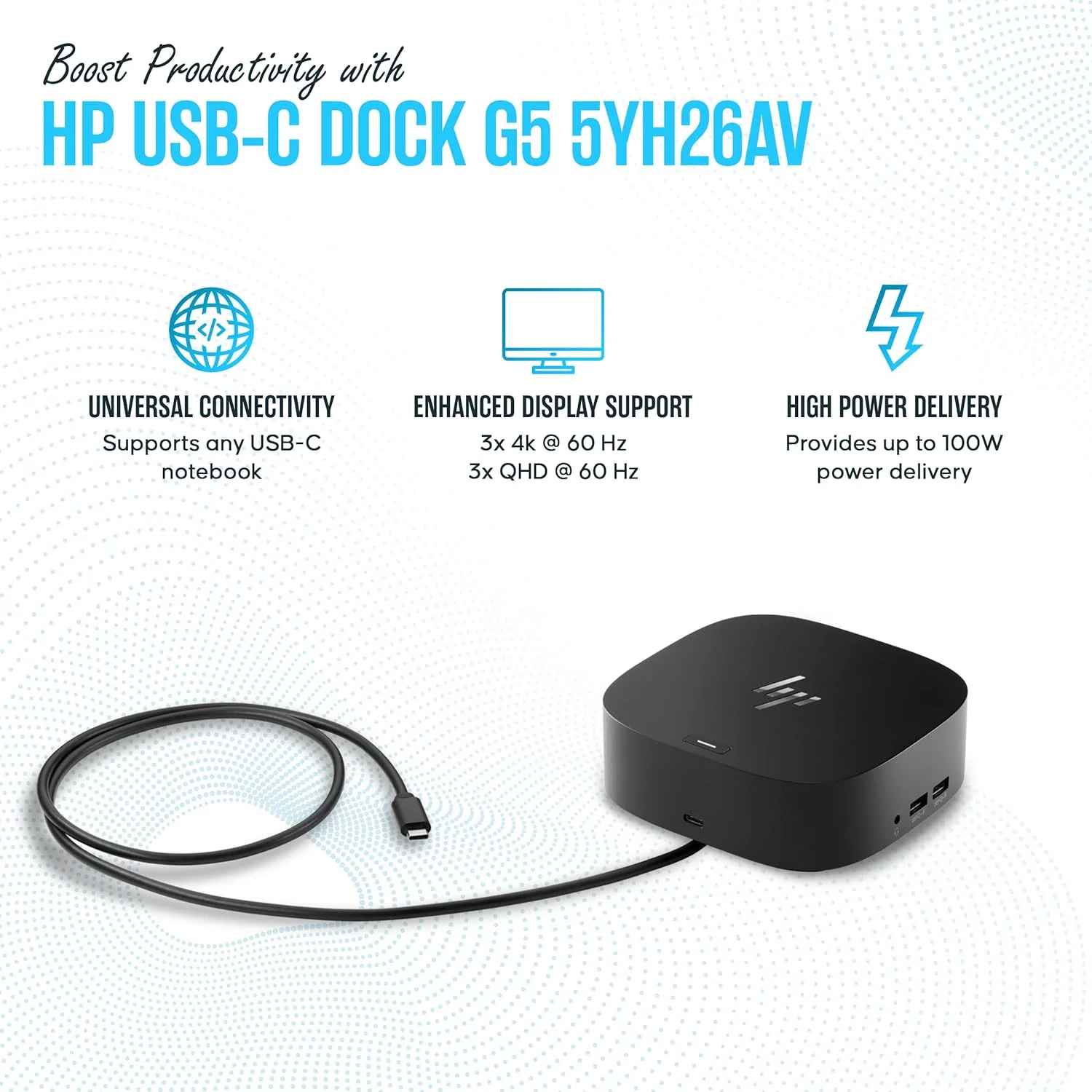 پایه اتصال USB-C مدل G5 اچ پی - پایه اتصال لپ تاپ برای دو مانیتور - همراه با کابل HDMI و کابل DisplayPort (بازسازی شده)