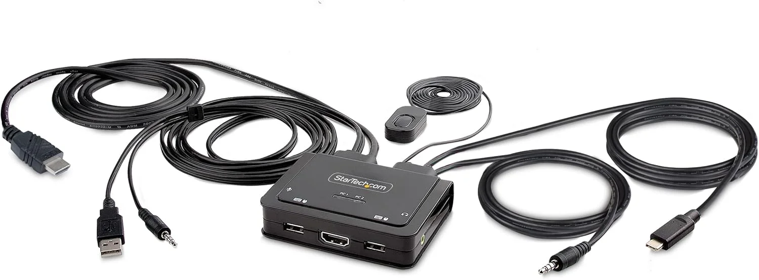 سوئیچ KVM هیبریدی 2 پورت USB-C به HDMI استار تک، 4K 60Hz، KVM جمع و جور با کابل های یکپارچه 6ft/1.8m USB-A/HDMI/Audio و 4ft/1.2m USB-C، تغذیه از طریق USB، سوئیچینگ Hotkey (C2-H46-UAC-CBL-KVM)