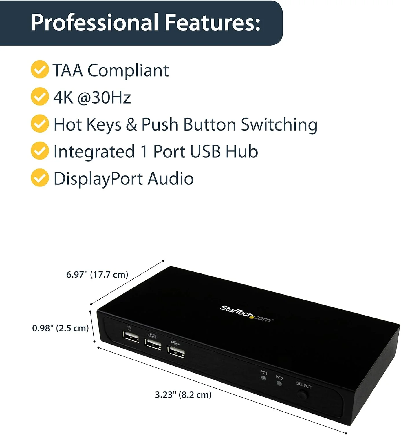 سوییچ KVM دو پورت DisplayPort استار تک با هاب USB 2.0 داخلی - پشتیبانی از رزولوشن ویدئویی 4K در 30 هرتز - Ultra HD