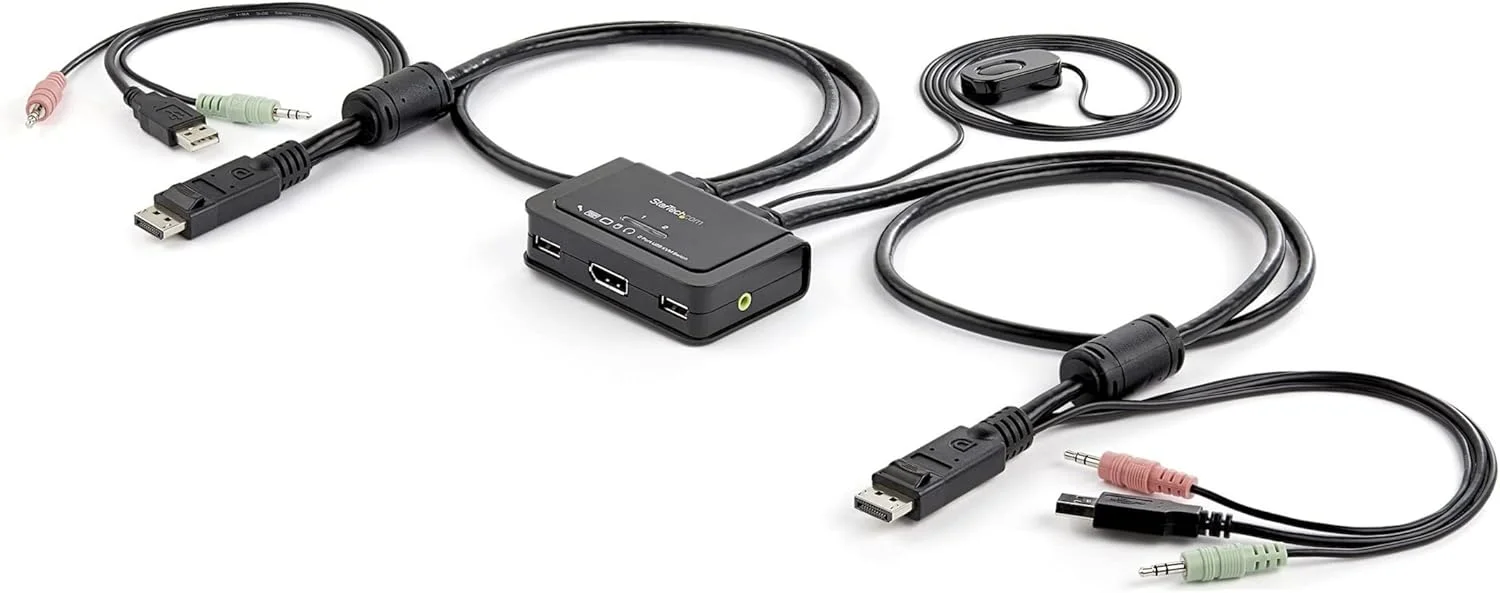 سوئیچ KVM دو پورت DisplayPort با کابل، صدا و کنترل از راه دور StarTech.com - 2560x1600 @60Hz - تغذیه از طریق USB - سوئیچ KVM دو پورت DP USB (SV211DPUA)، مشکی