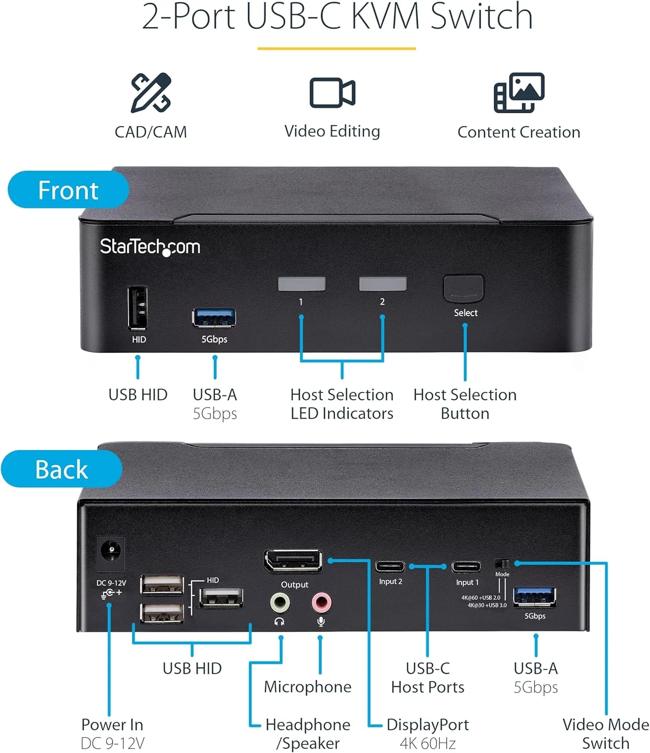 سوئیچ KVM دو پورت USB-C استار تک، مانیتور تکی DisplayPort 4K 60Hz، صدای 3.5 میلی متری، 6 پورت هاب USB، سوئیچینگ کلید میانبر، سازگار با تاندربولت 3/4 سوئیچ KVM دو پورت USB-C استار تک، مانیتور تکی DisplayPort 4K 60Hz، صدای 3.5 میلی متری، 6 پورت هاب USB، سوئیچینگ کلید میانبر، سازگار با تاندربولت 3/4