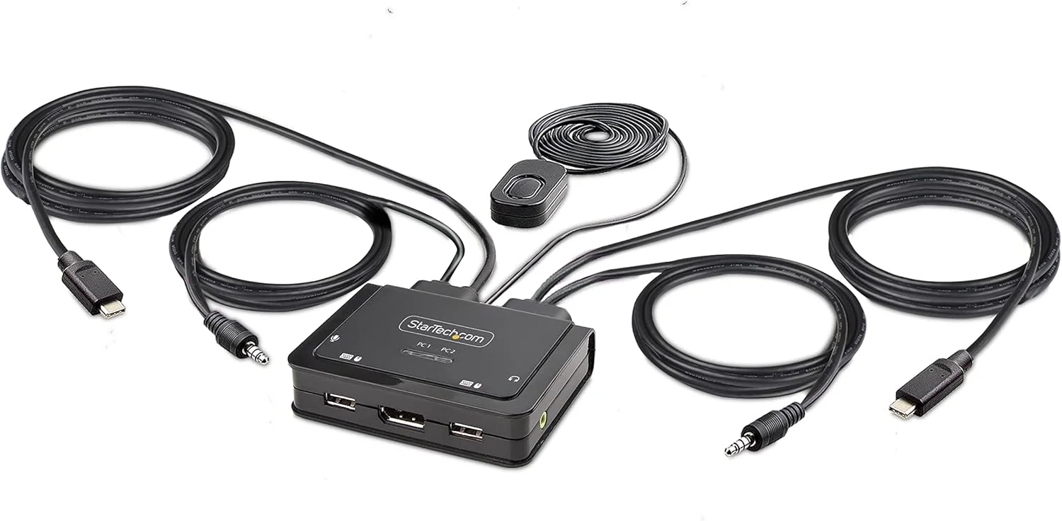سوئیچ KVM دو پورت USB-C استار تک، خروجی DisplayPort 4K 60Hz، KVM جمع و جور با کابل های یکپارچه میزبان USB Type-C/Audio به طول 1.2 متر، تغذیه از طریق گذرگاه، سوئیچینگ از راه دور/کلید میانبر (C2-D46-UC2-CBL-KVM)