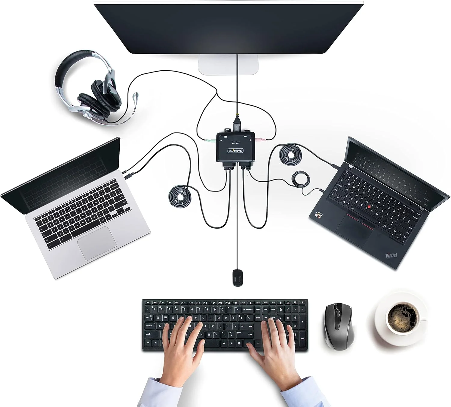 سوئیچ KVM دو پورت USB-C استار تک، خروجی DisplayPort 4K 60Hz، KVM جمع و جور با کابل های یکپارچه میزبان USB Type-C/Audio به طول 1.2 متر، تغذیه از طریق گذرگاه، سوئیچینگ از راه دور/کلید میانبر (C2-D46-UC2-CBL-KVM)