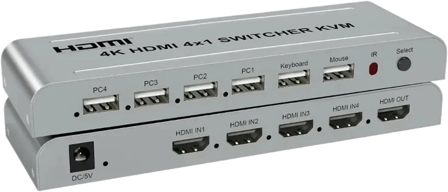 سوئیچ KVM HDMI 4K 4x1 مبدل صوتی و تصویری 4 به 1 برای کنترل ماوس و کیبورد USB، مناسب برای 4 لپ تاپ، کامپیوتر به تلویزیون و پروژکتور (همراه با دوشاخه EU)