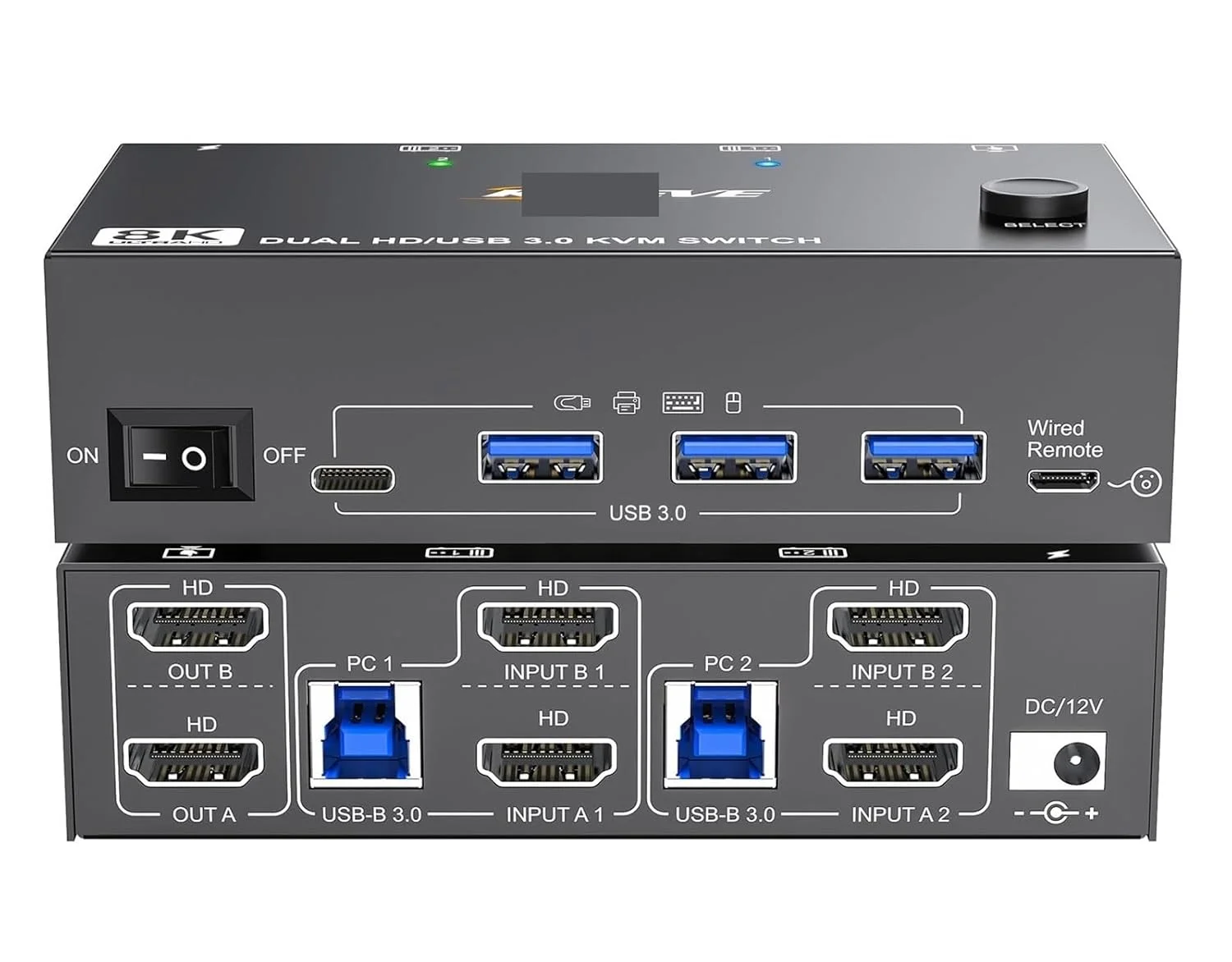 سوئیچ KVM برای 2 کامپیوتر، 2 مانیتور، مانیتور دوگانه، USB 3.0، HDMI با رزولوشن HD، پشتیبانی از کپی و نمایش گسترده با EDID (8202 بدون EDID)