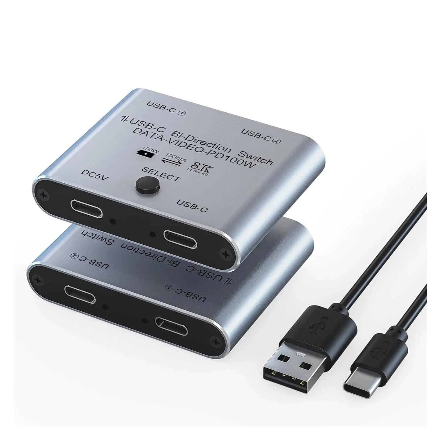 سوئیچ اسپلیتر USB C 8K برای 2 کامپیوتر، سوئیچ KVM USB C دو طرفه 1 ورودی 2 خروجی برای انتقال ویدئو 8K@60Hz/4K@144Hz با سرعت 10 گیگابیت بر ثانیه