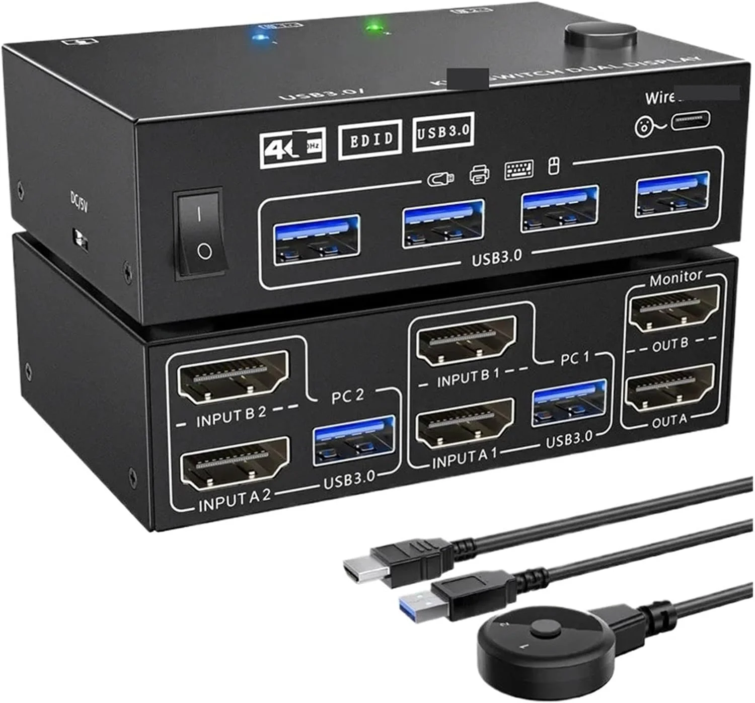 سوئیچ KVM دو مانیتوره USB 3.0 با دو نمایشگر، شبیه سازی EDID، سوئیچر نمایشگر توسعه یافته سازگار با HDMI برای 2 کامپیوتر به اشتراک گذاری 2 مانیتور