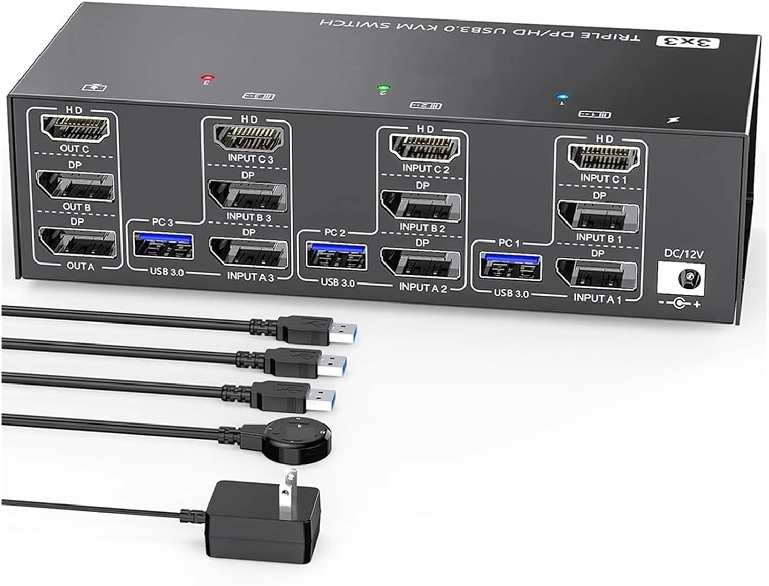 سوییچر KVM مدل KVM303DH سازگار با HDMI، ورودی 3 به خروجی 3، کیفیت 8K@60Hz و 4K@144Hz، سه مانیتوره برای کامپیوتر، کیبورد، ماوس، فلش مموری و پرینتر